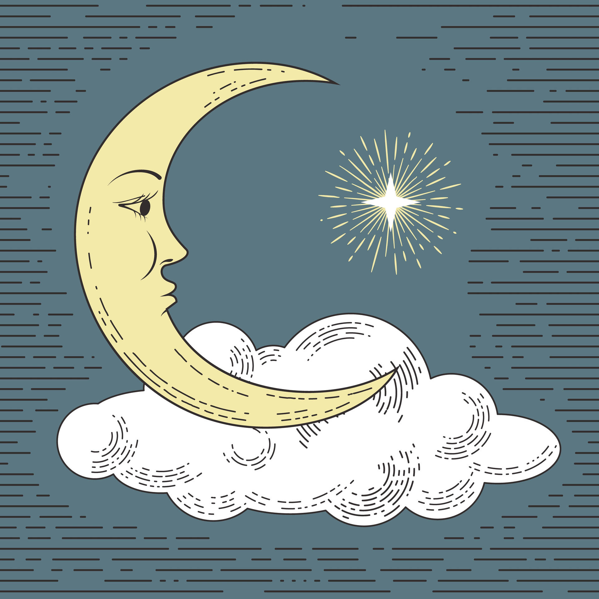 一個帶有臉龐的新月坐在雲朵上，下方是一顆明亮的星星，在夜空中。