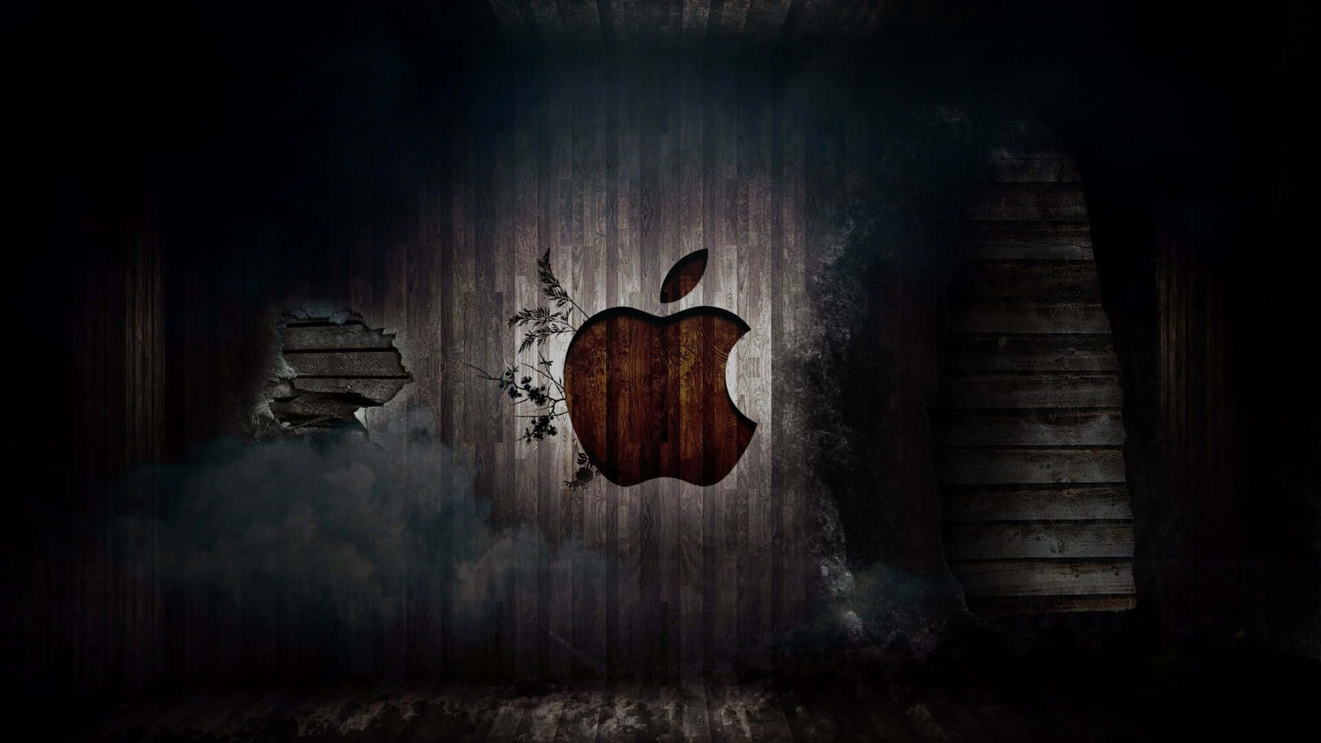 一個木製Apple標誌，藤蔓穿過破牆生長在一個黑暗煙霧瀰漫的房間裡。