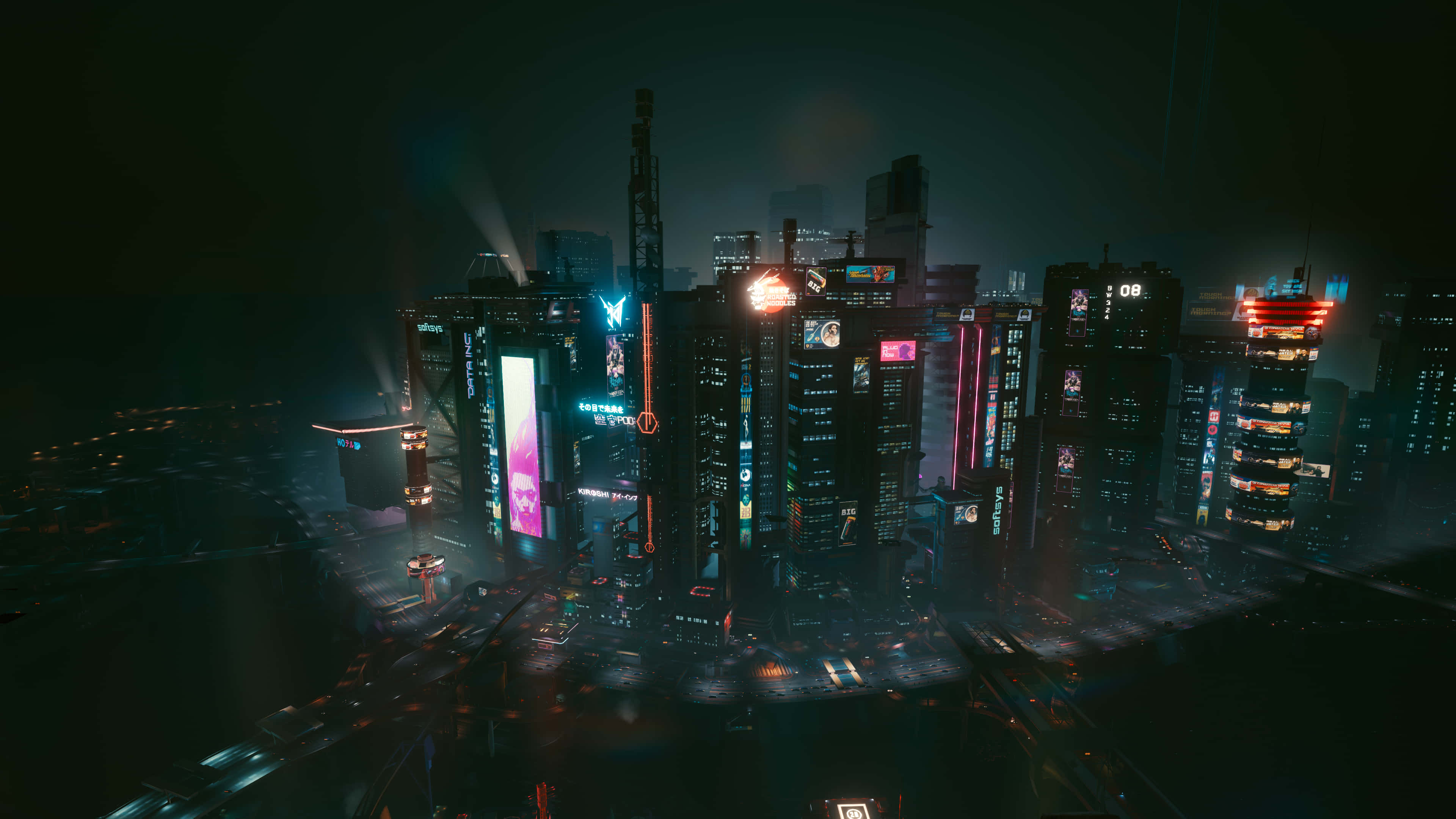 復古未來城市夜景 壁紙 — 霓虹燈照亮的賽博龐克城市夜景，高聳的摩天大樓在雨濕的街道下閃耀。