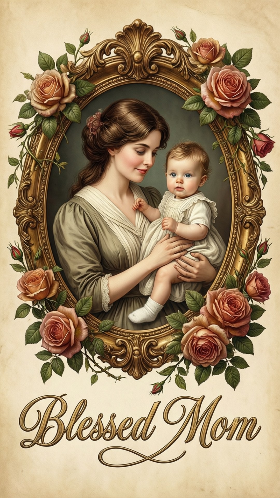 一位母親在裝飾性金色畫框中抱著嬰兒，畫框飾有玫瑰和文字 Blessed Mom。