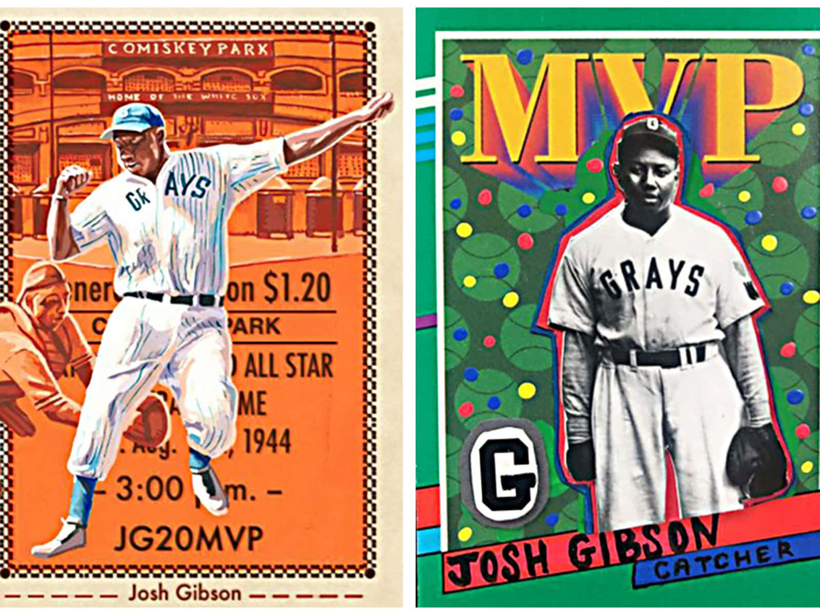 Baseball Cards 桌布 壁紙 — 復古棒球卡分屏視圖，展示喬什·吉布森的動作姿勢和MVP肖像，搭配大膽的圖形設計。