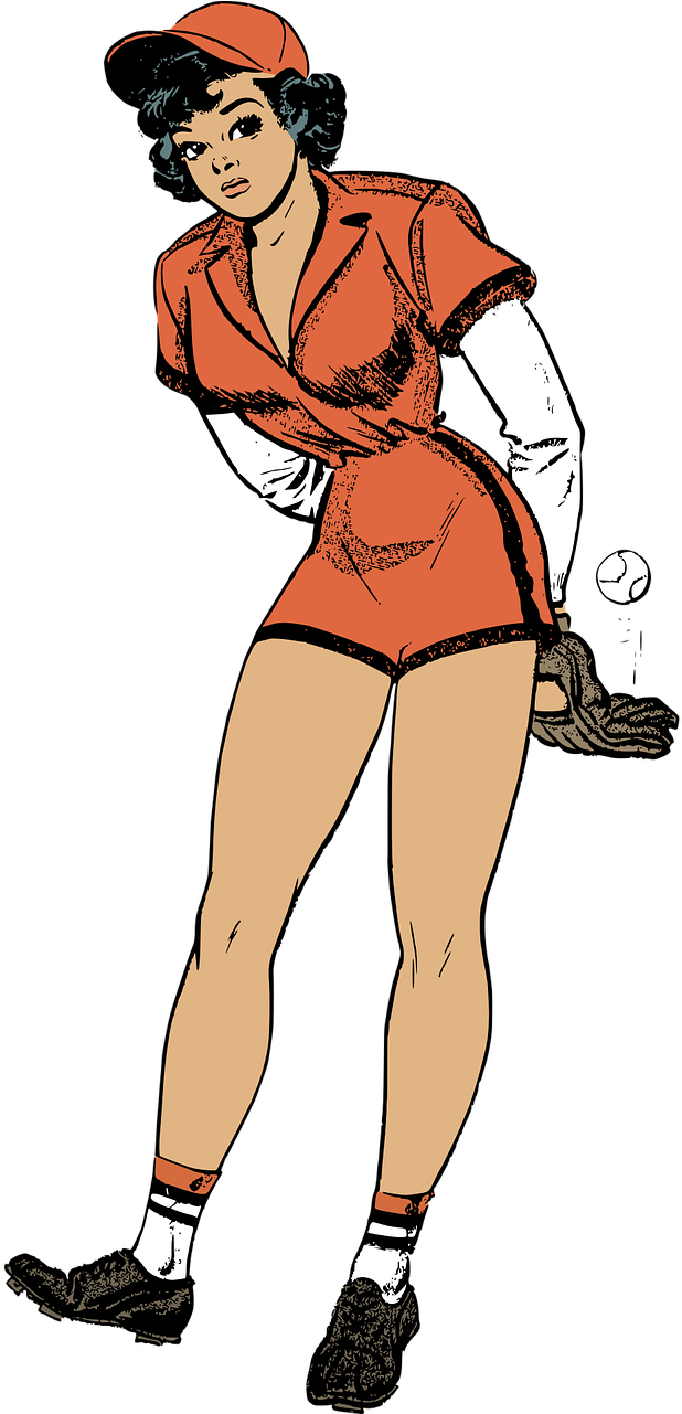 復古棒球女郎藝術 壁紙 — 一位身穿橙色棒球制服、戴著手套和拿著球的復古插畫女性，在黑色背景前準備投球。