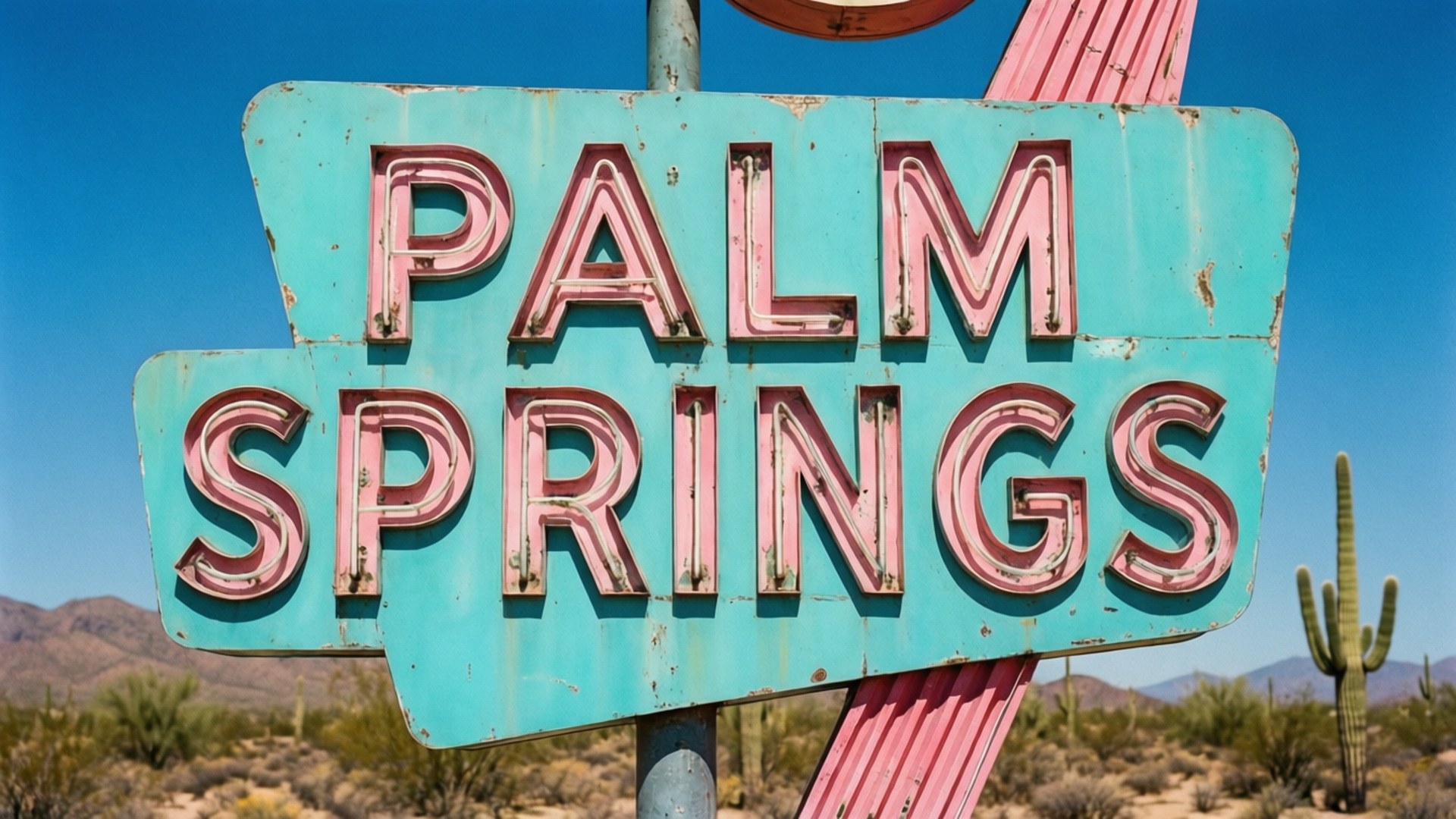沙漠中帶有仙人掌和山脈的復古Palm Springs標誌