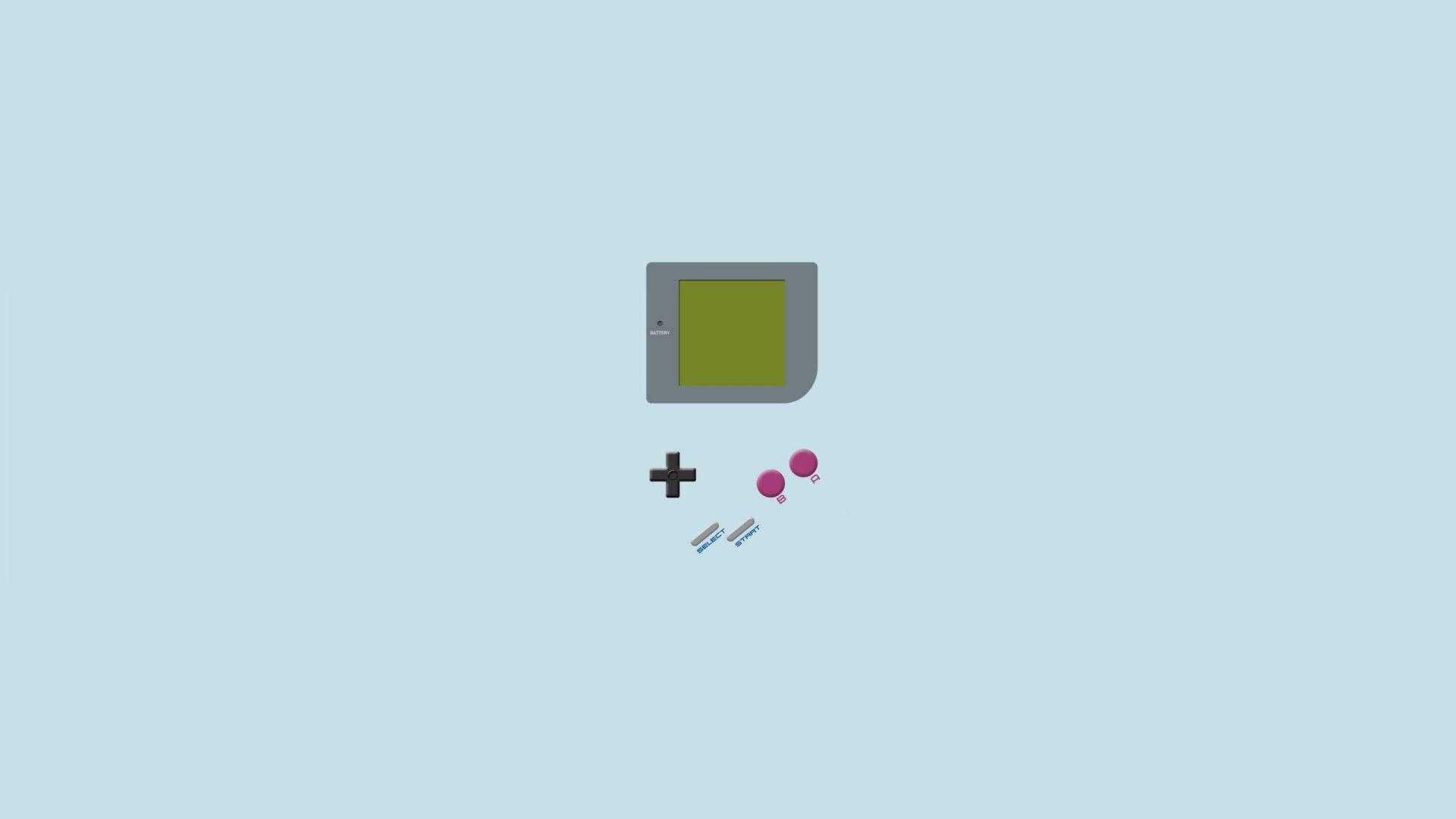 復古極簡風格 Gameboy 壁紙 — 淺藍色背景上，一部帶有綠色屏幕和粉紅色按鈕的簡約灰色手提遊戲機。