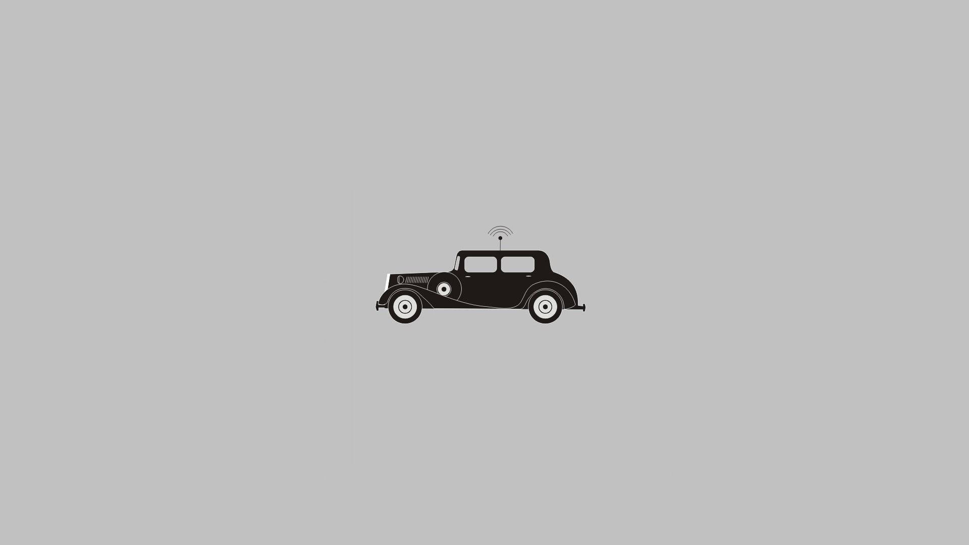復古極簡風格汽車 壁紙 — 一個極簡風格的黑色剪影，描繪一輛車頂帶有無線信號圖標的復古汽車，背景為純灰色。