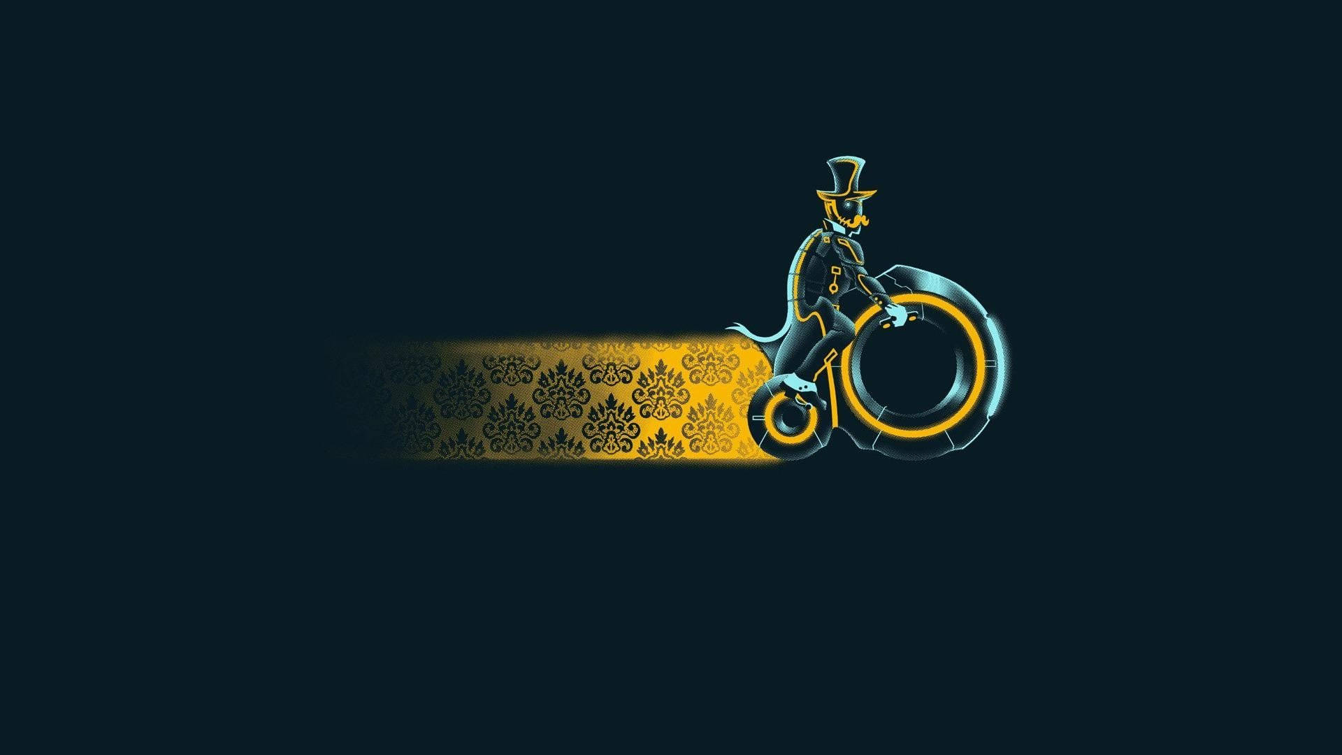 復古極簡高輪自行車 壁紙 — 一個戴高帽的風格化人物騎著發光的電單車，在深色背景上留下金色錦緞圖案痕跡。