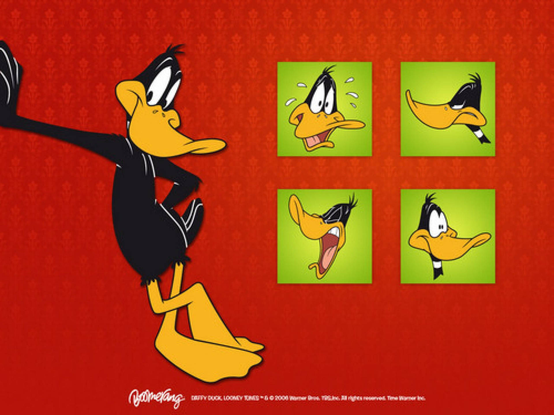 Daffy Duck 擺出戲劇性的姿勢，四個面板展示了他滑稽的臉。