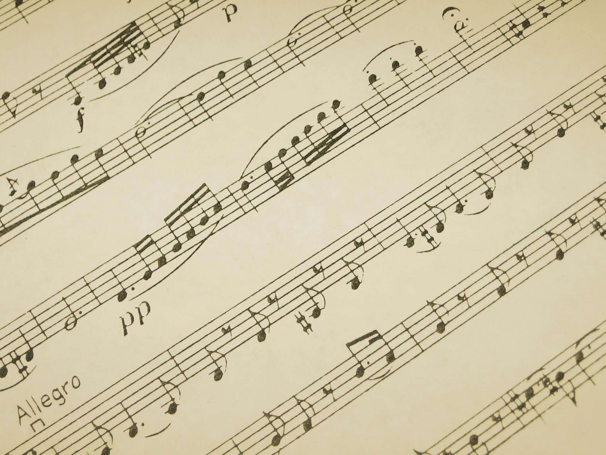 Classical Music 桌布 壁紙 — 復古樂譜特寫，奶油色紙張上優雅的黑色音符和動態標記。