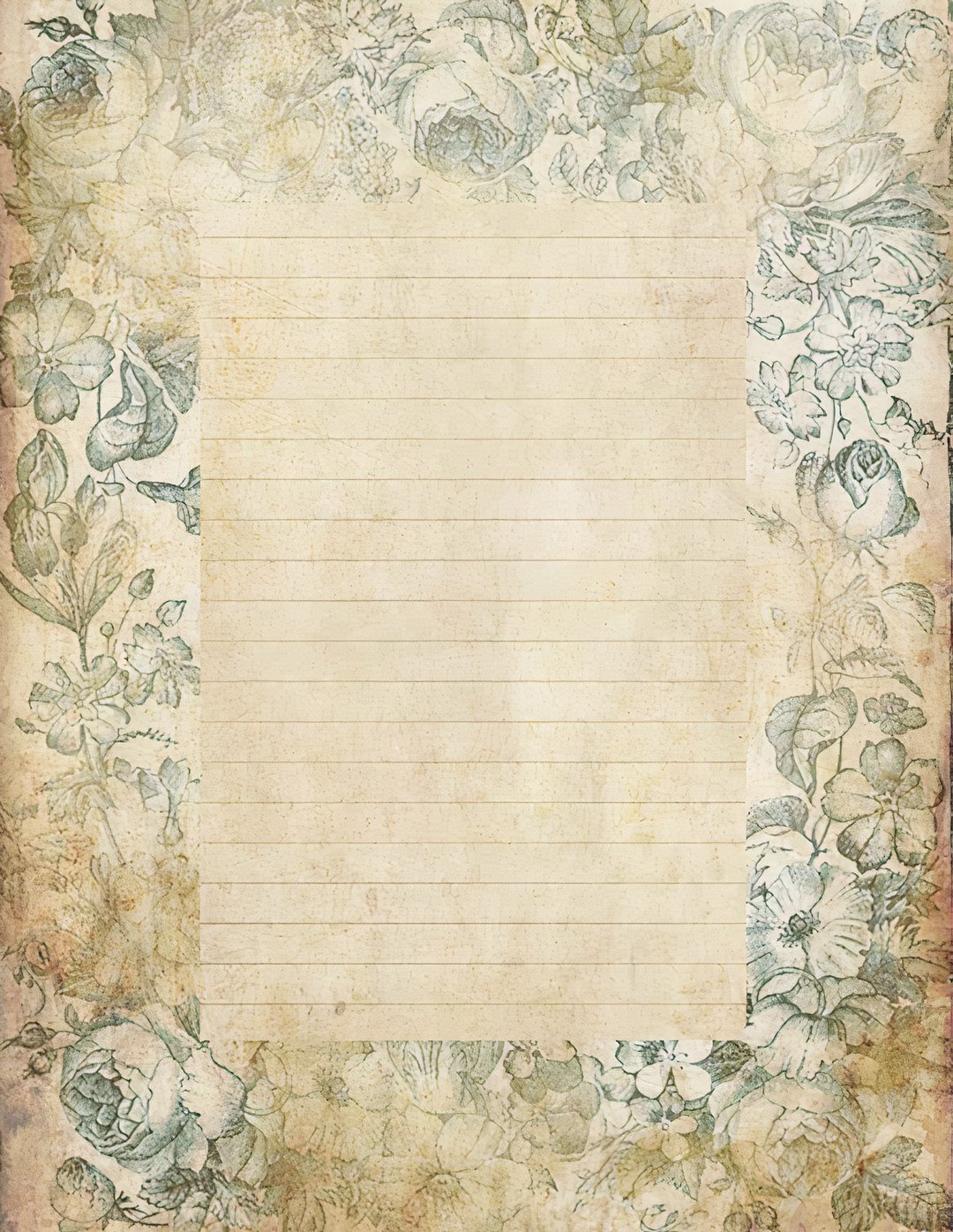 paper 桌布 壁紙 — 復古橫線紙張，以柔和綠色和棕色的褪色花卉插圖框住。
