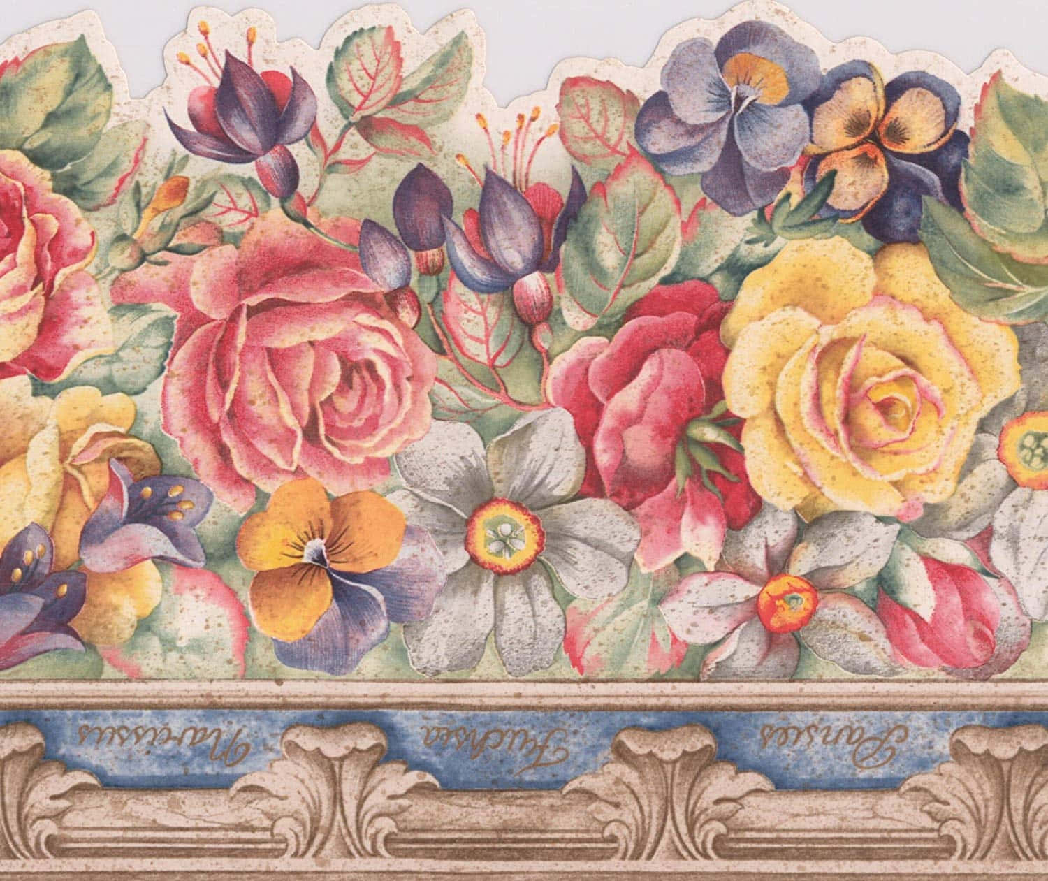 Rose Art 桌布 壁紙 — 復古水彩花卉壁紙邊框，飾有玫瑰、三色堇和精緻的捲曲圖案，柔和粉彩配色。