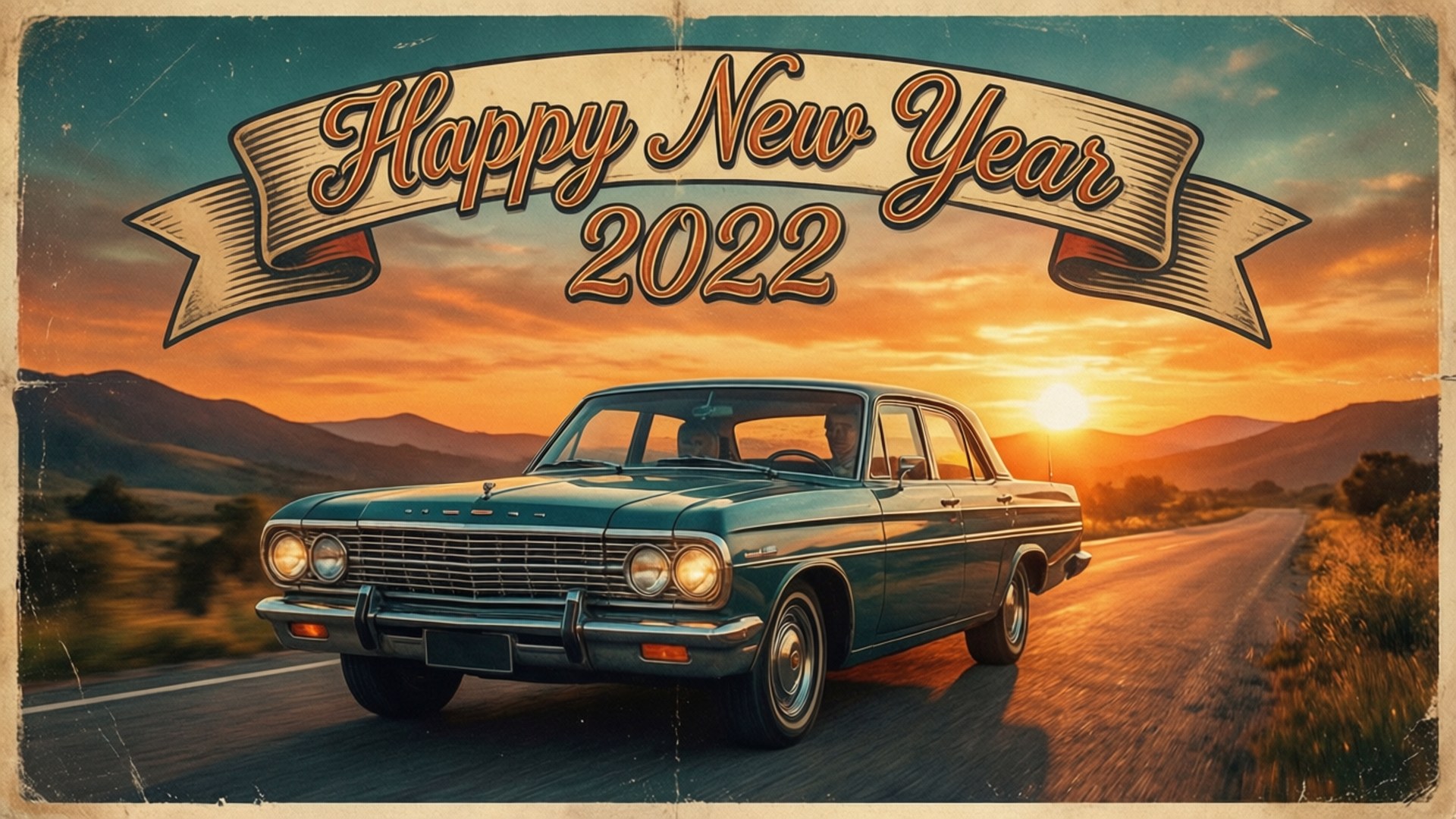 復古青綠色汽車在沙漠公路上，伴隨日落和新年橫幅。