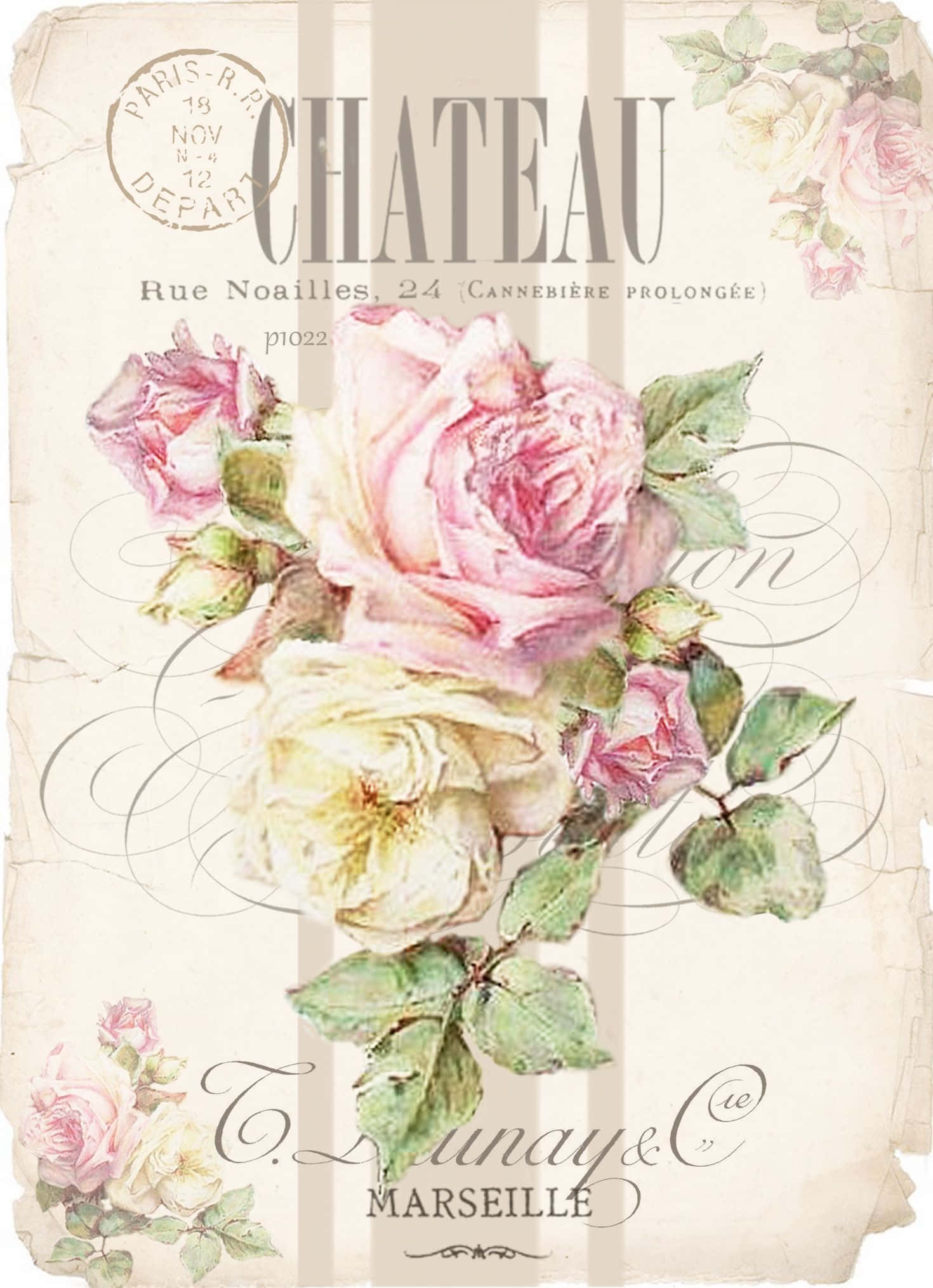 Vintage Rose 桌布 壁紙 — 復古法國明信片風格，水彩玫瑰與優雅字體在舊紙上。