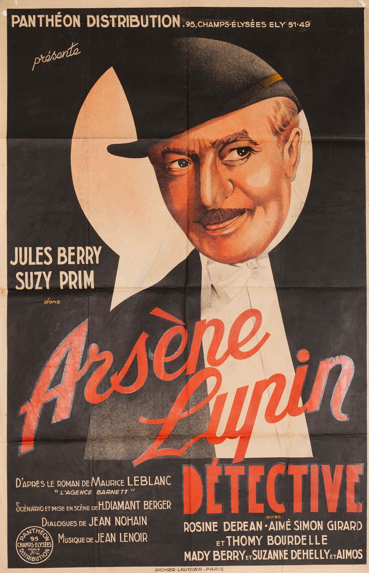 Arsène Lupin 桌布 壁紙 — 復古法國電影海報，特色為圓形米色背景上戴著圓頂禮帽的微笑男子，搭配粗體紅色字體。