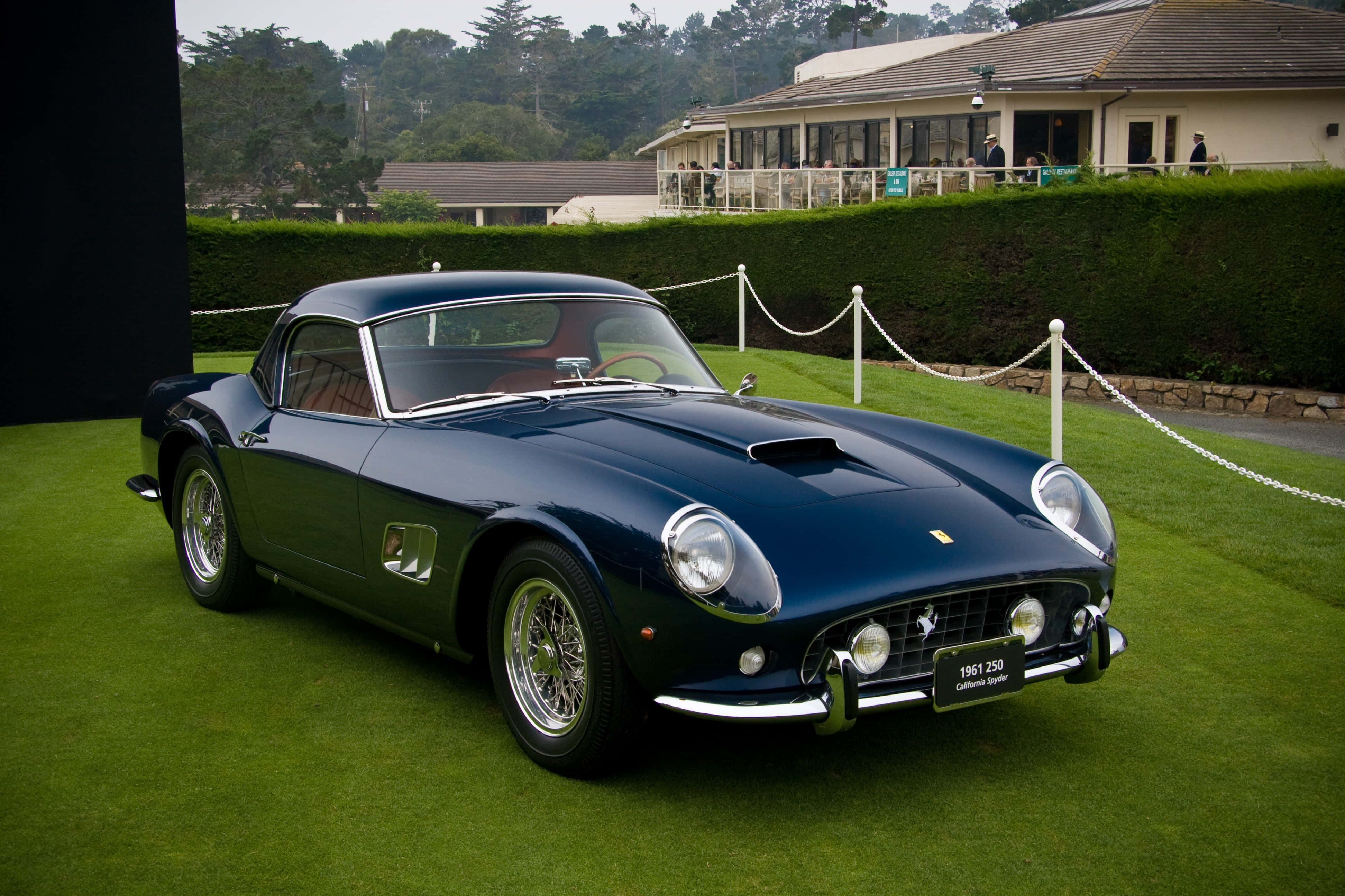 復古法拉利 250 GT Berlinetta SWB 壁紙 — 一架時尚的深藍色1961年法拉利250停泊在充滿活力的綠色草地上，背景有修剪整齊的樹籬和建築物。