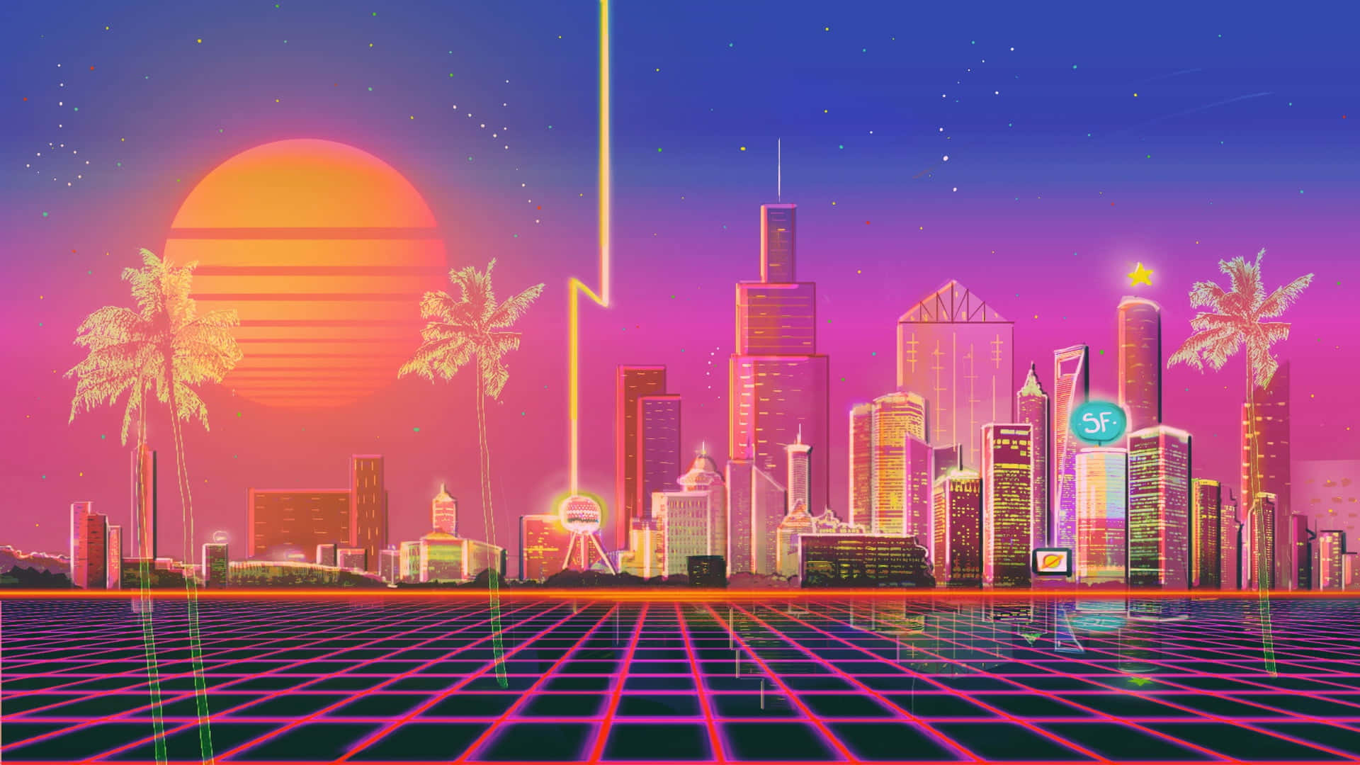 夕陽天空下，霓虹城市天際線，棕櫚樹和發光網格。