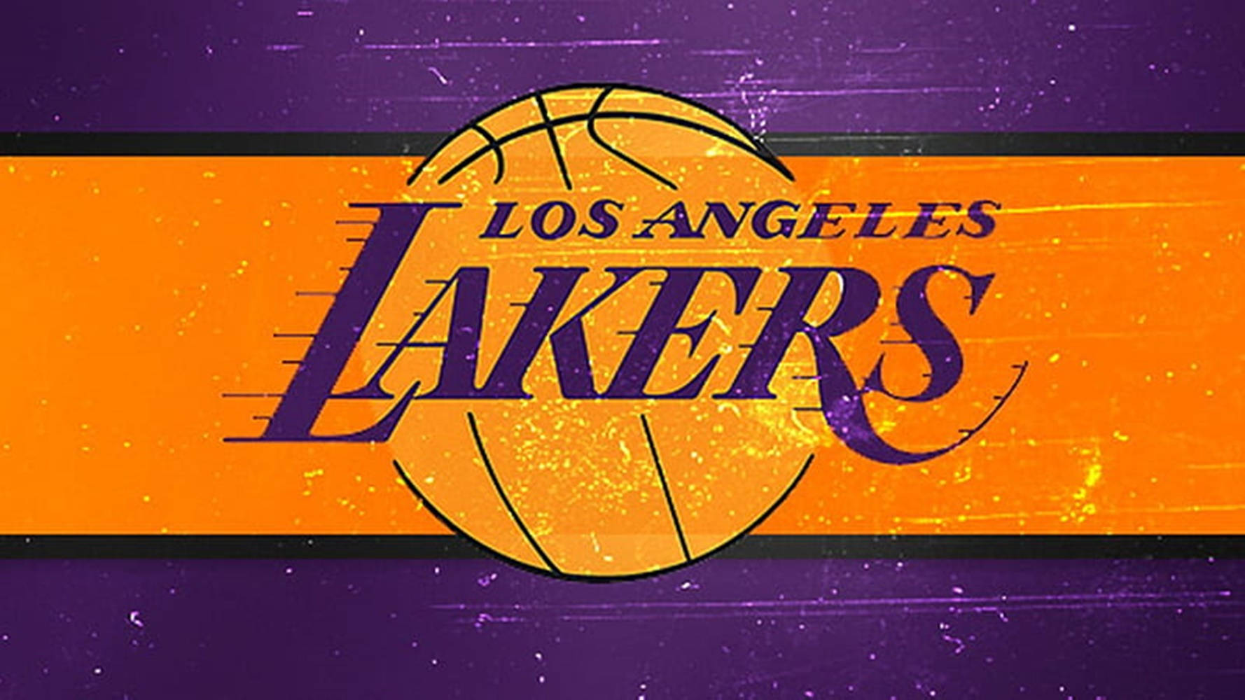 NBA 桌布 壁紙 — 復古洛杉磯湖人隊標誌，帶有籃球圖案，背景為橙色和紫色紋理。