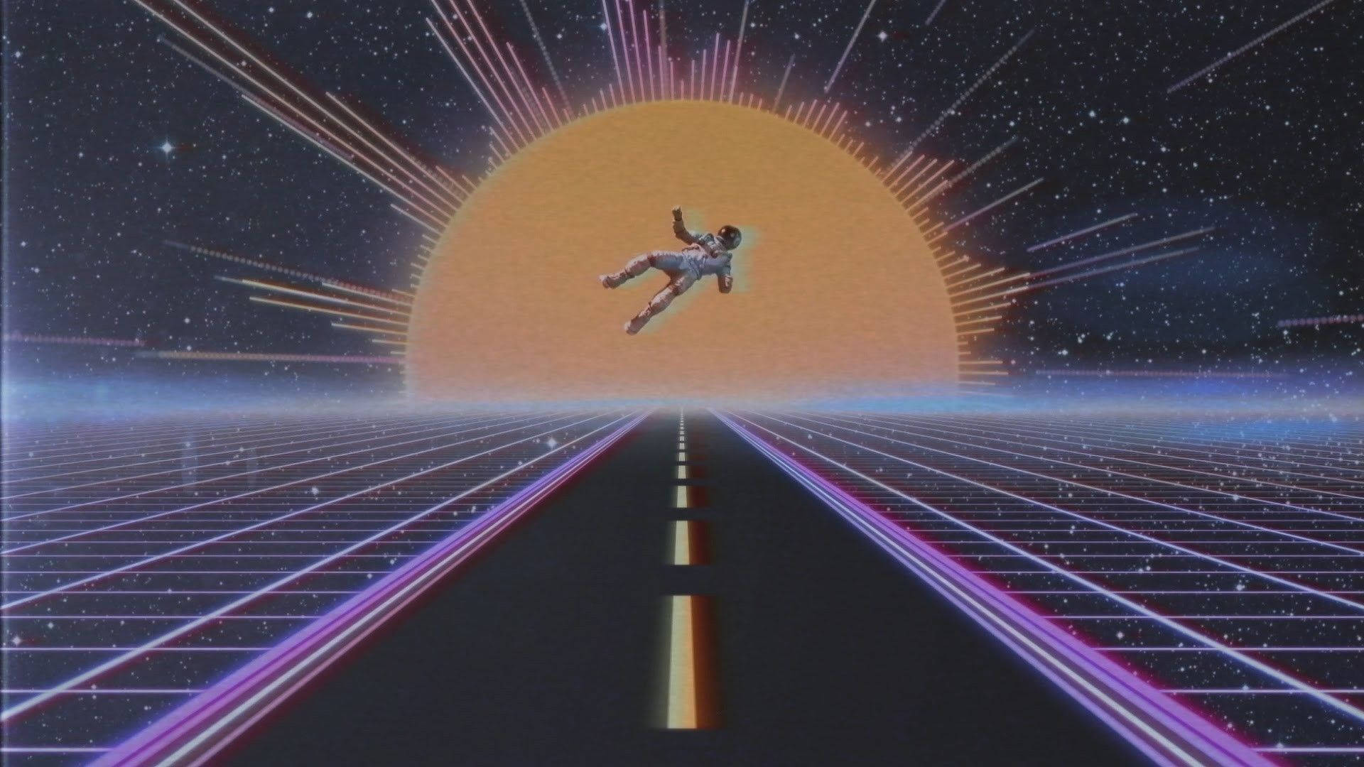 太空人漂浮在發光的網格道路上，在繁星點點的天空下閃耀的太陽。