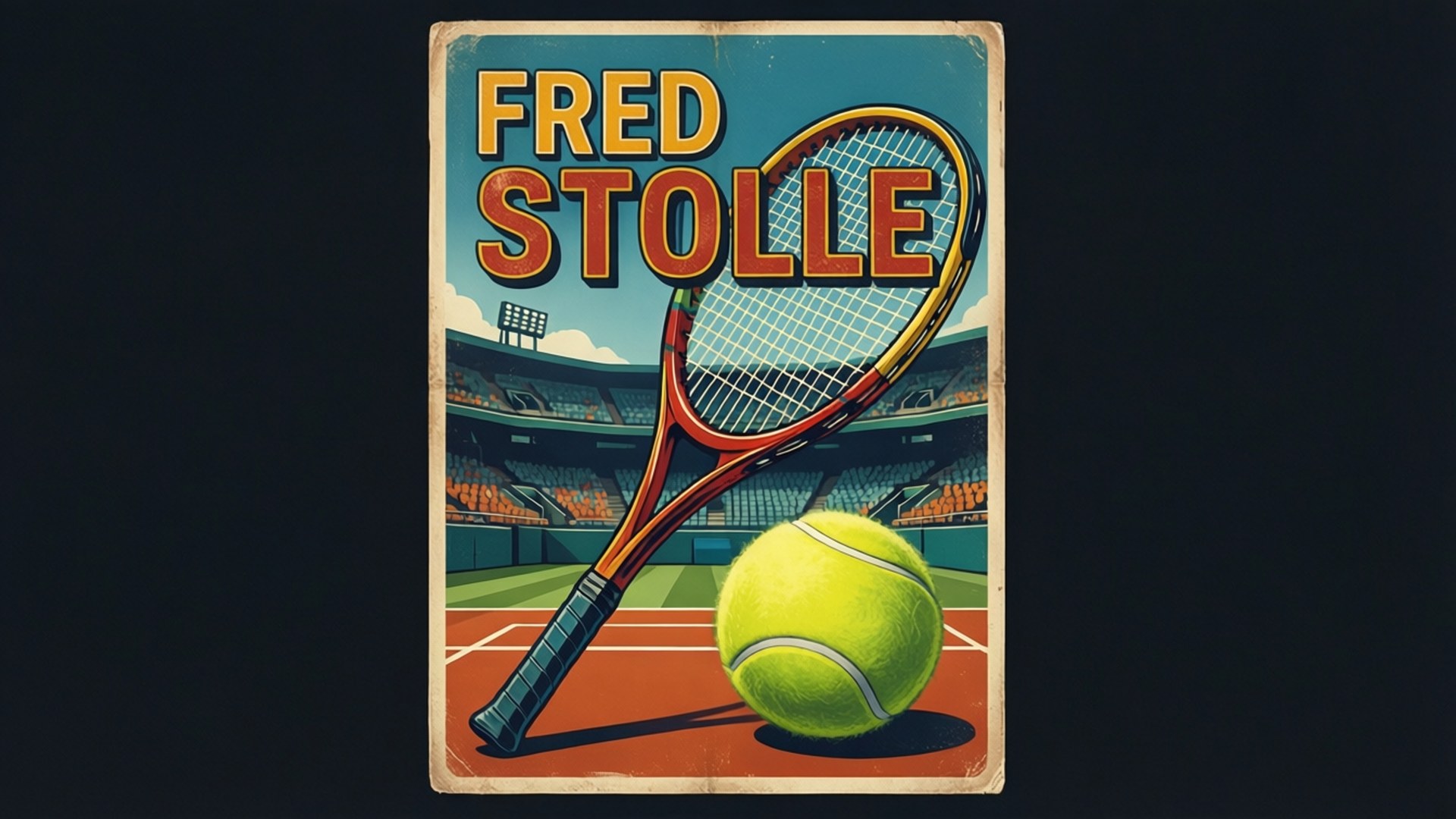 復古網球海報，包含球拍、球和體育場，並有Fred Stolle文字。