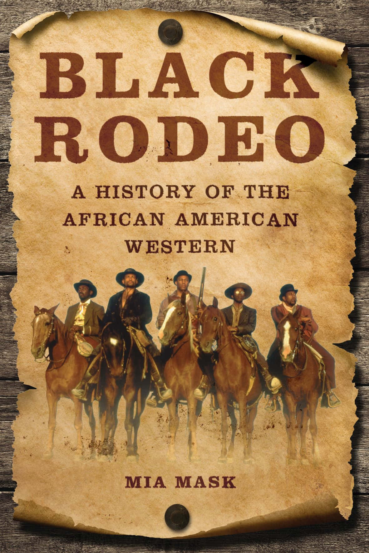Rodeo 桌布 壁紙 — 復古海報展示五位非裔美國牛仔騎在馬背上，背景為風化的羊皮紙，並有粗體文字寫著「Black Rodeo」。