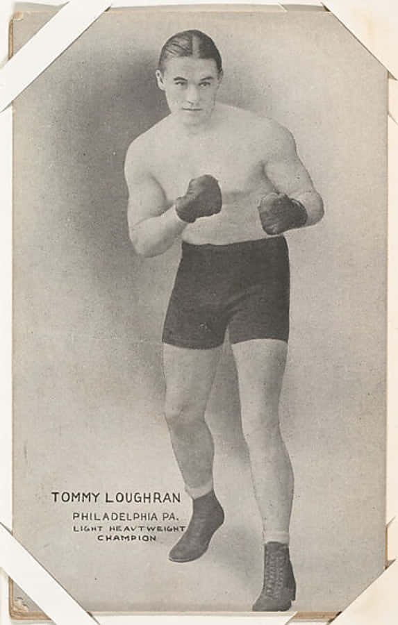 復古湯米·勞倫照片 壁紙 — 復古棕褐色調拳擊手 Tommy Loughran 的肖像，戴著手套和短褲，擺出戰鬥姿勢。