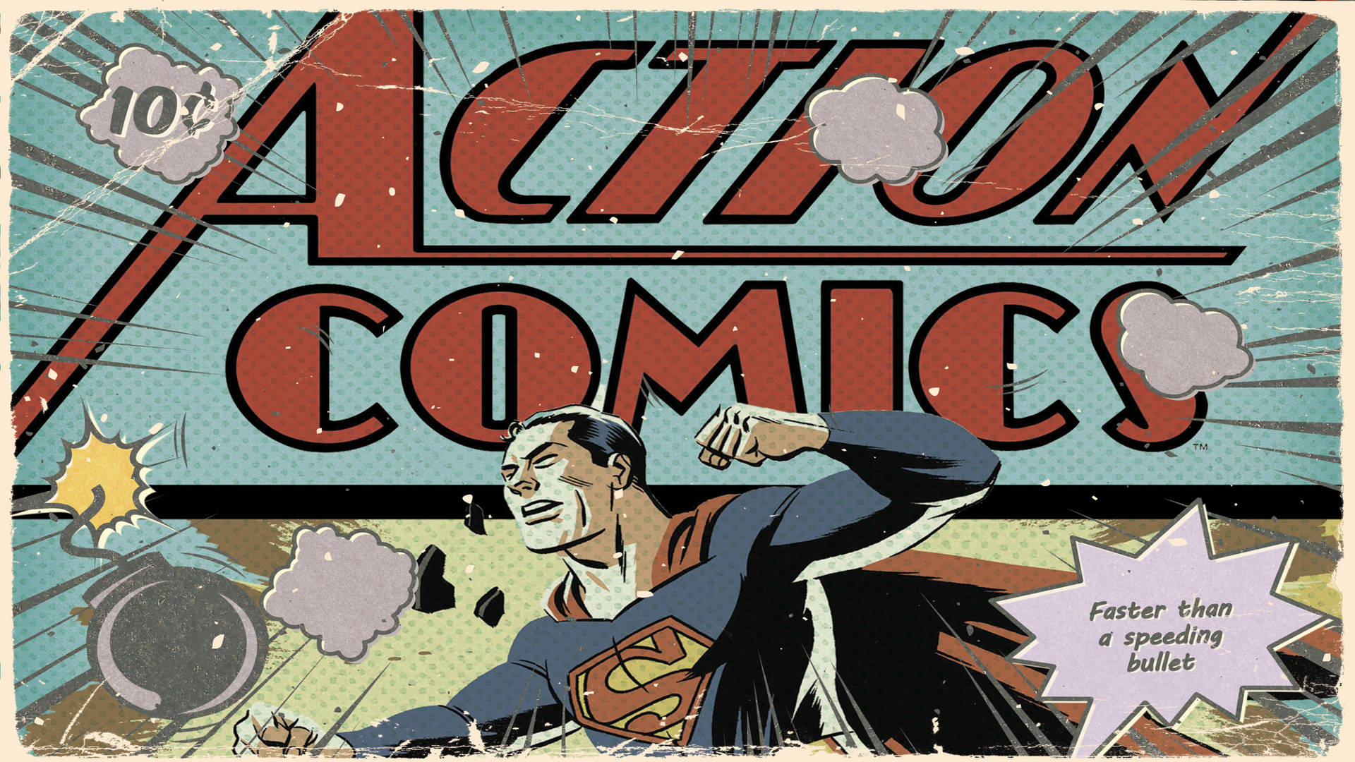 經典漫畫藝術風格的超人，帶有'Action Comics'標題和爆炸效果。