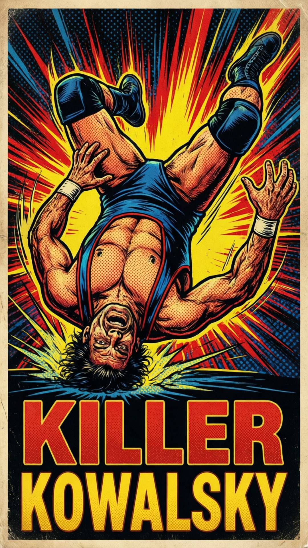 摔角手凌空翻轉，背景爆炸，粗體文字寫著 Killer Kowalsky。