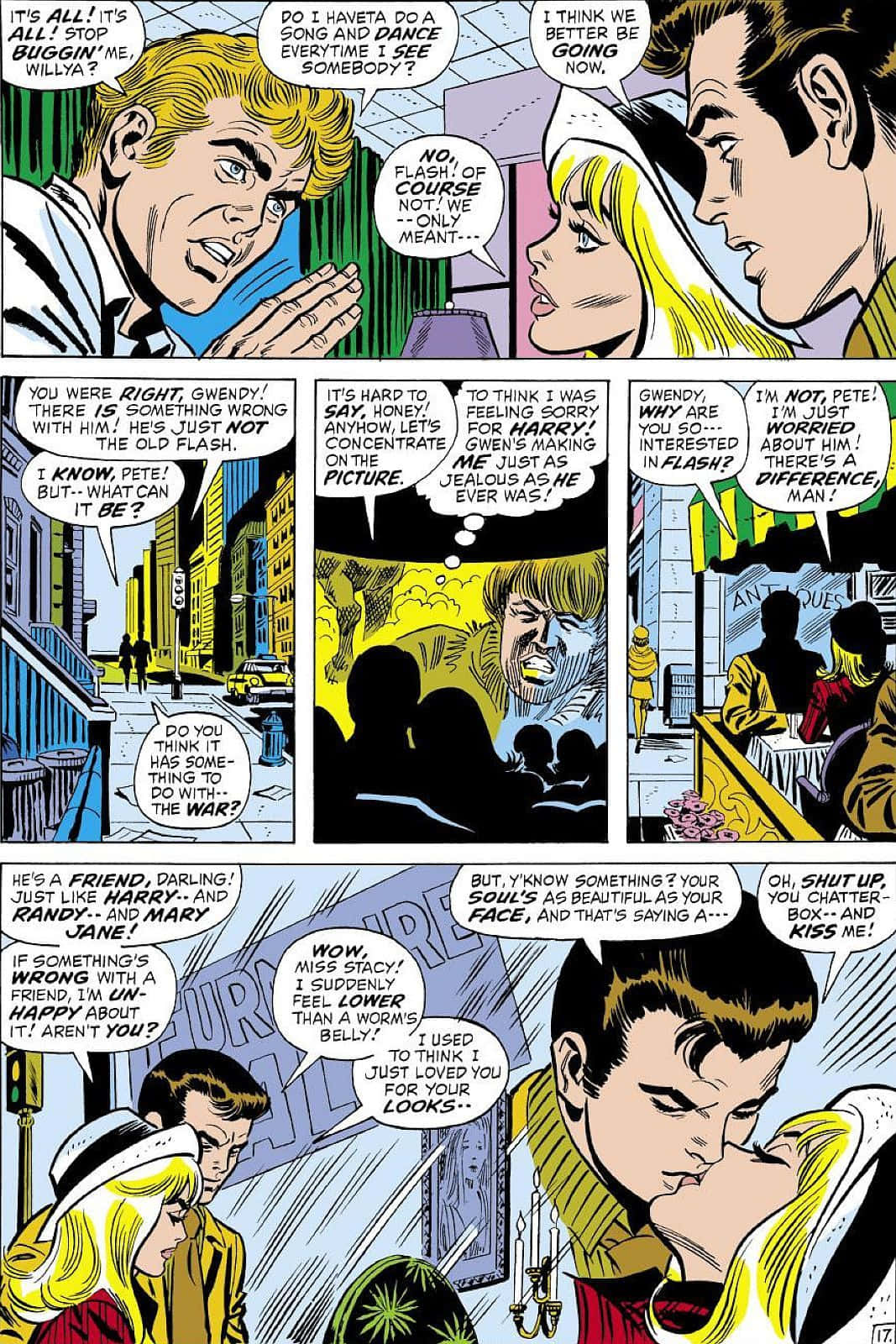 Flash Thompson 桌布 壁紙 — 復古漫畫面板，以粗線條和對話氣泡展示戲劇性的角色互動。