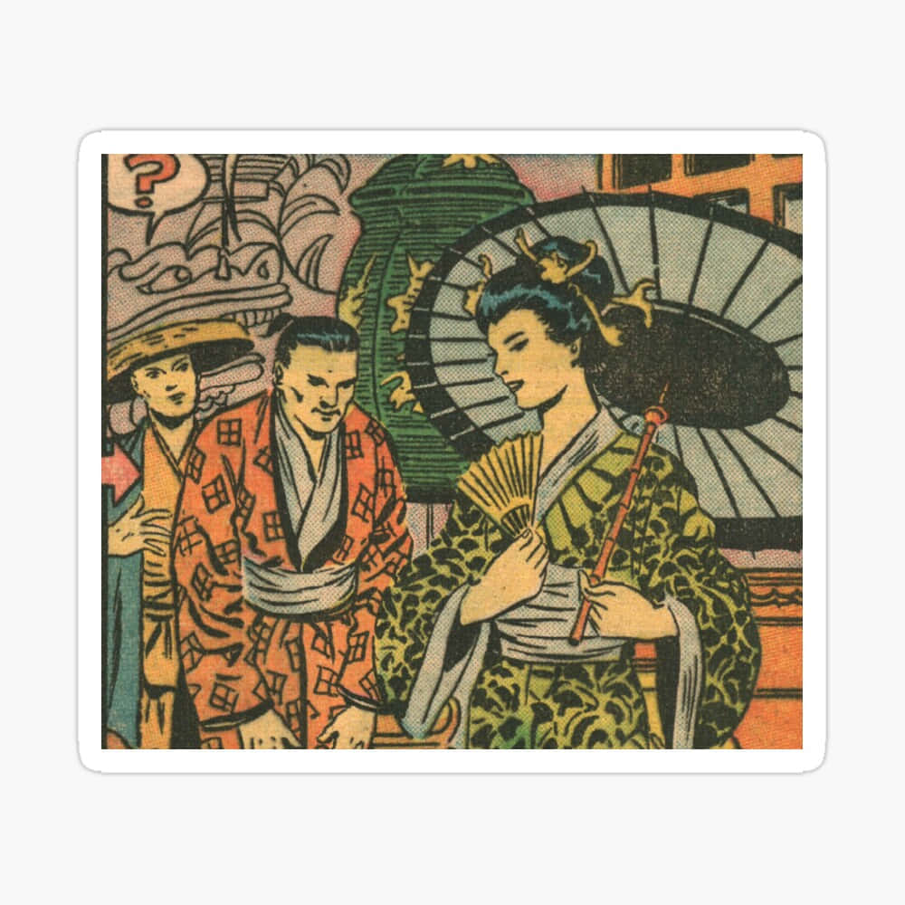 Japanese Pop Art 桌布 壁紙 — 復古漫畫風格插圖，描繪三位身穿傳統服飾的日本人物，其中一人手持扇子，另一人手持雨傘。