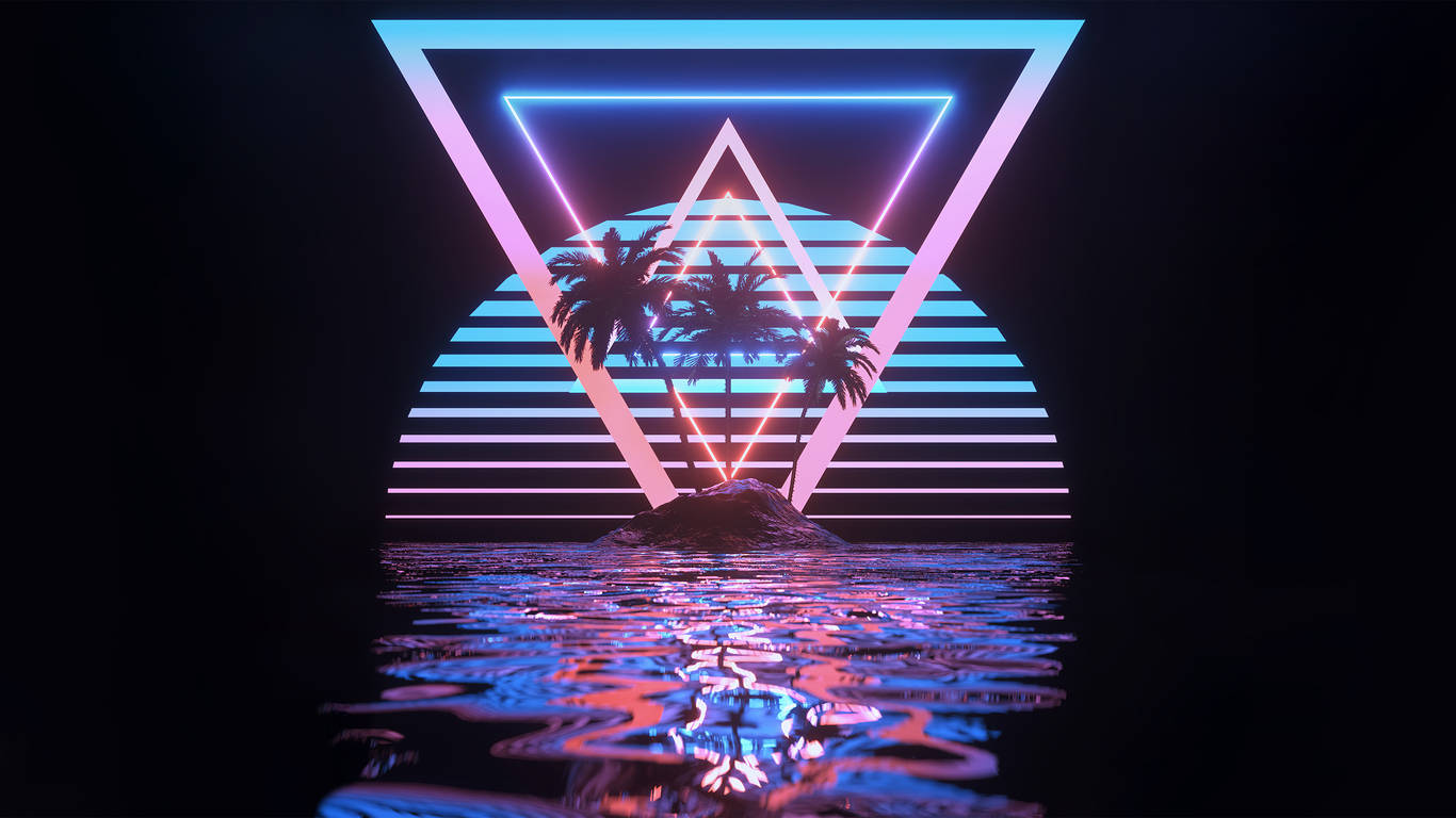 復古熱帶天堂氛圍 壁紙 — 夜間，霓虹三角形在熱帶島嶼上空發光，棕櫚樹的剪影映襯著水中條紋狀的日落倒影。