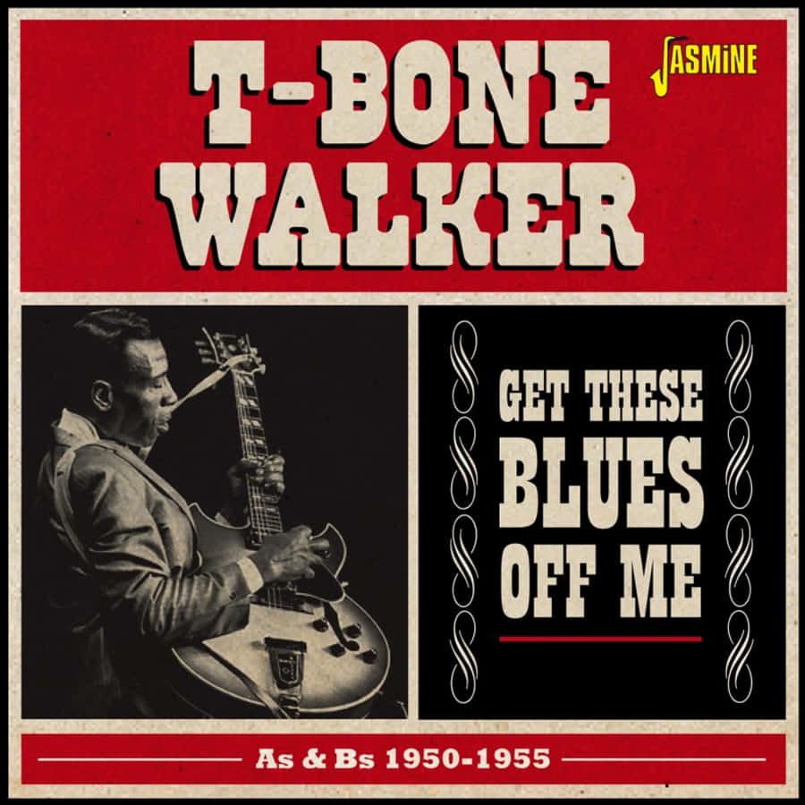 T-Bone Walker《Get These Blues Off Me》 壁紙 — 復古爵士專輯封面，T-Bone Walker 彈奏電結他，配以粗體紅色字體和黑白照片。