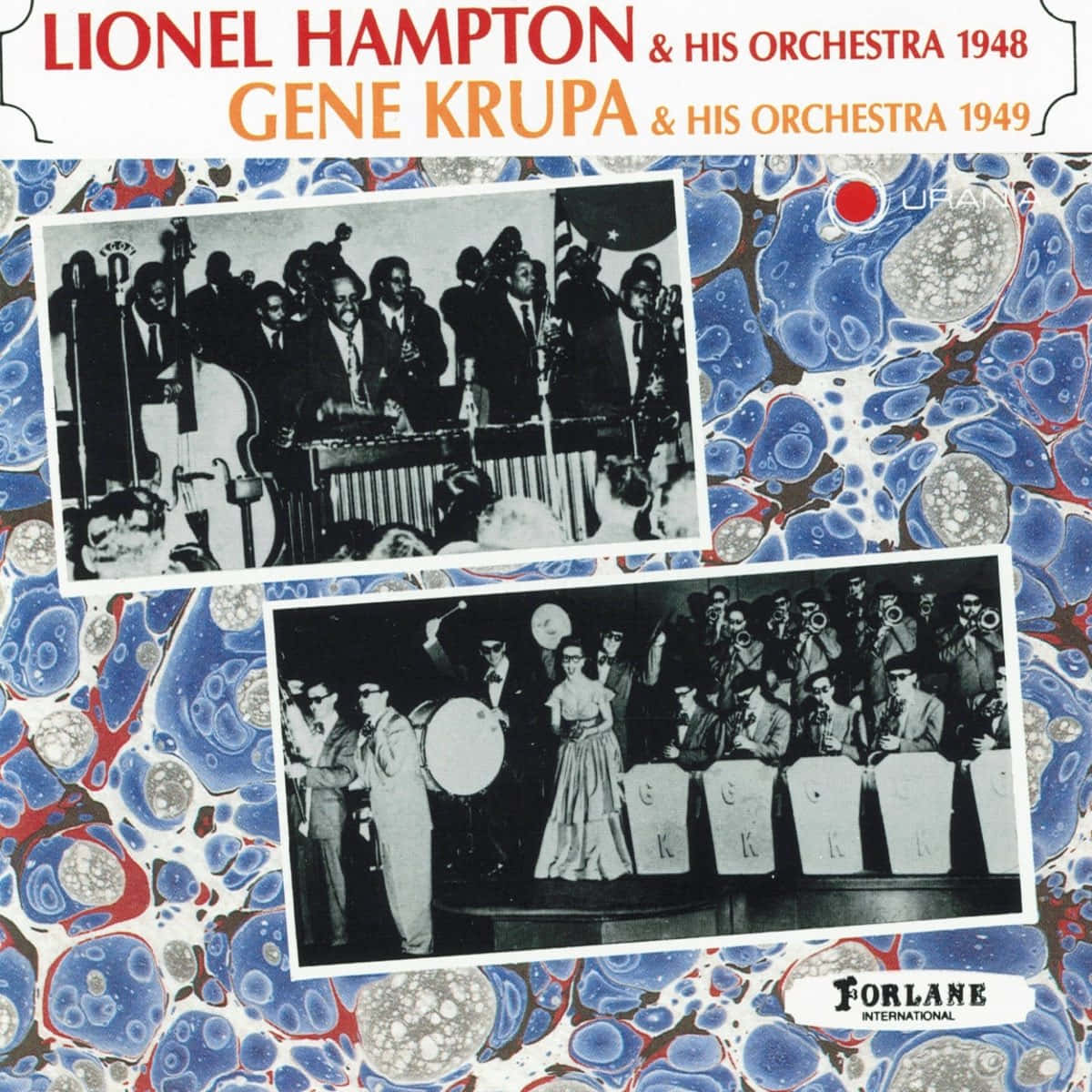 Jimmie Lionel Hampton Lunceford 壁紙 — 復古爵士專輯封面，以萊昂內爾·漢普頓和吉恩·克魯帕樂團的黑白照片為特色，背景為旋轉的藍、紅、白抽象圖案。