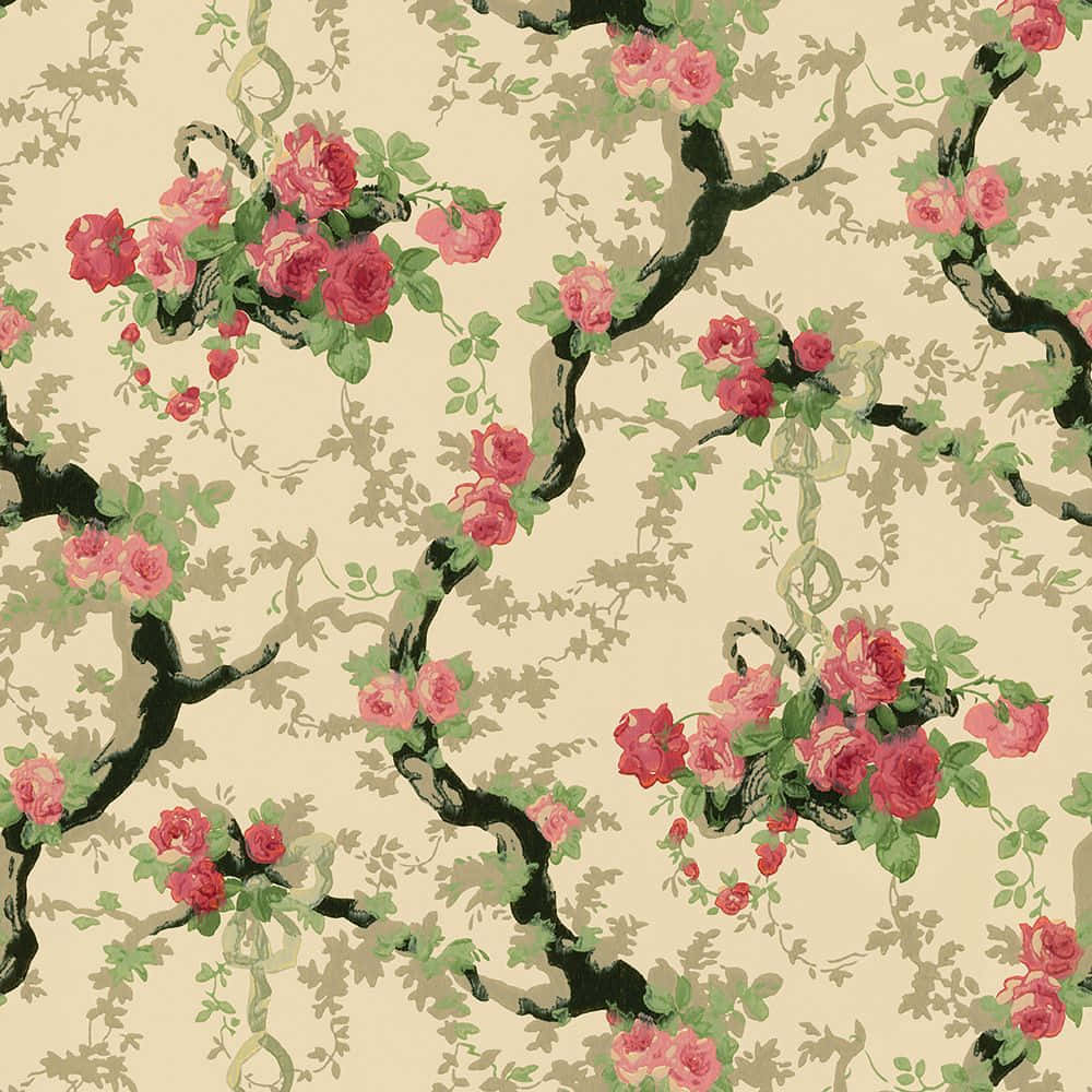Floral Art 桌布 壁紙 — 復古牆紙，粉紅玫瑰和深色藤蔓在奶油色背景上攀爬。