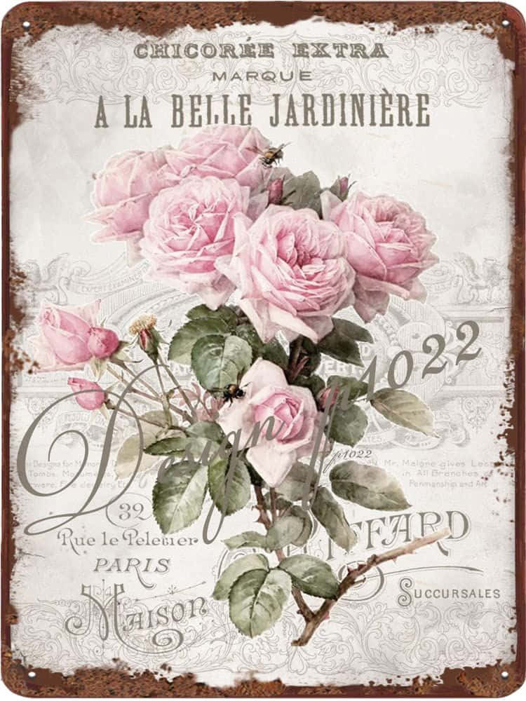 Vintage Rose 桌布 壁紙 — 復古生鏽金屬標誌，帶有粉紅玫瑰和法語文字，背景為褪色的華麗圖案。