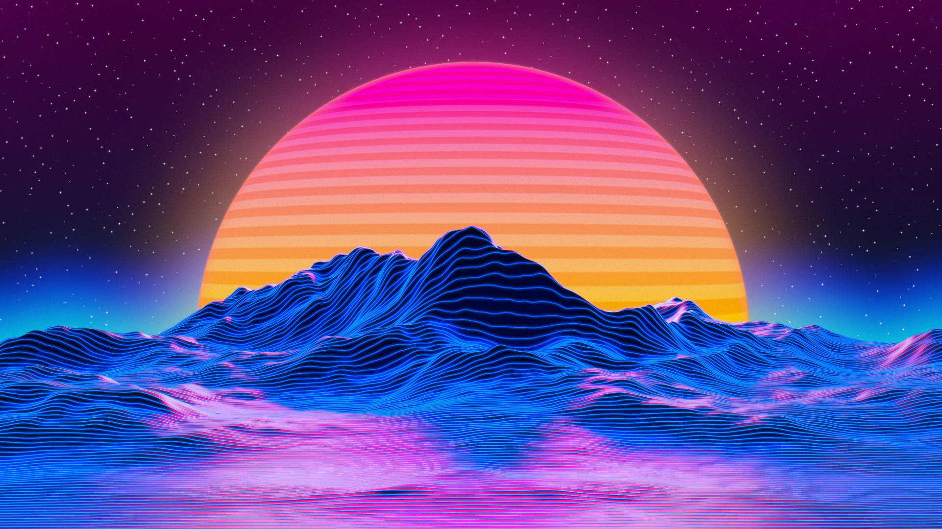 復古科幻風 壁紙 — 霓虹日落，一條條紋粉橙色太陽在閃爍的藍色山脈後升起，背景是繁星點點的紫色天空。