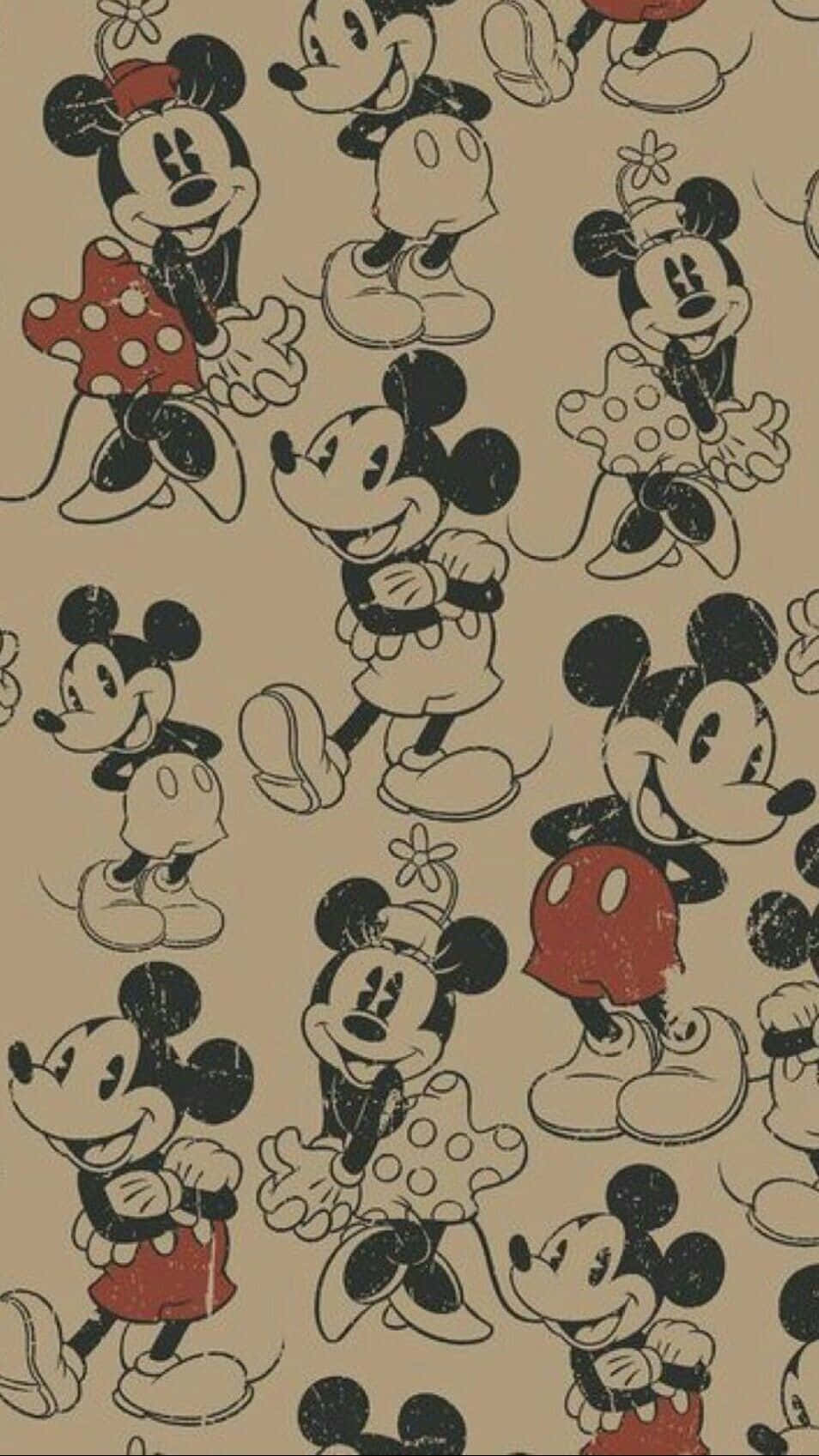 Cool Disney 桌布 壁紙 — 復古米奇和米妮老鼠角色在米色紋理壁紙上的復古姿勢。