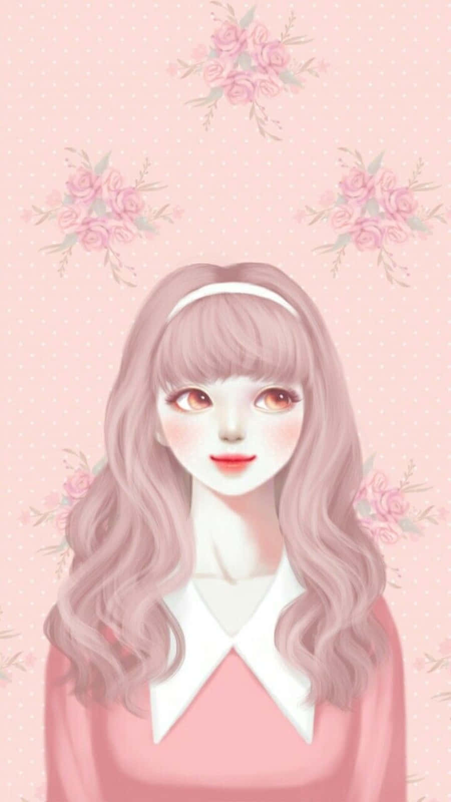 粉紅頭髮白色頭帶的動漫女孩，花卉背景