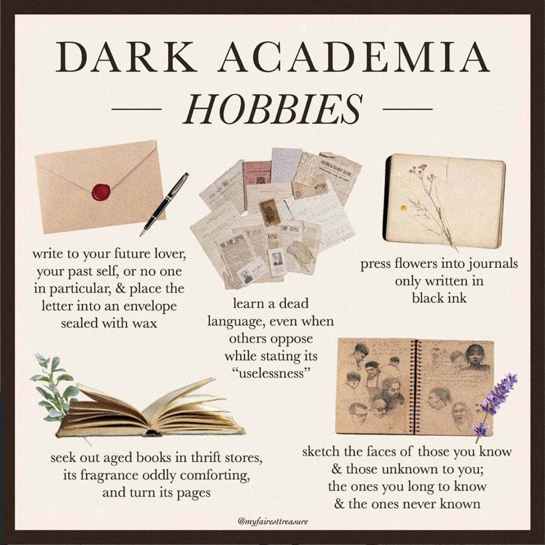 Dark Academia Aesthetic 桌布 壁紙 — 復古美學的暗黑學術愛好拼貼，包含舊書、蠟封、壓花和手寫筆記，背景為奶油色。