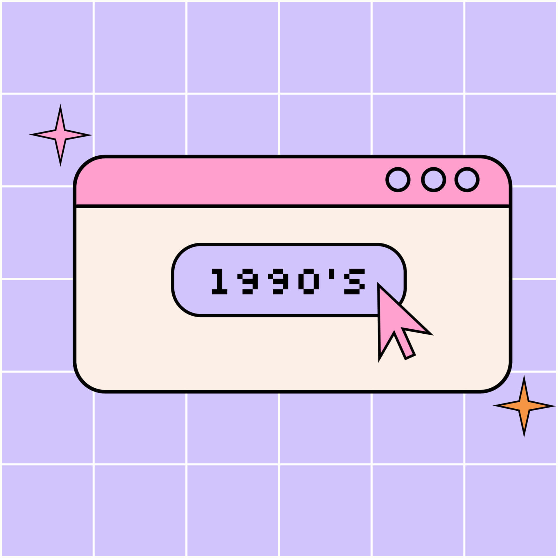 復古粉紅色瀏覽器視窗，帶有「1990年代」文字和游標，網格背景。