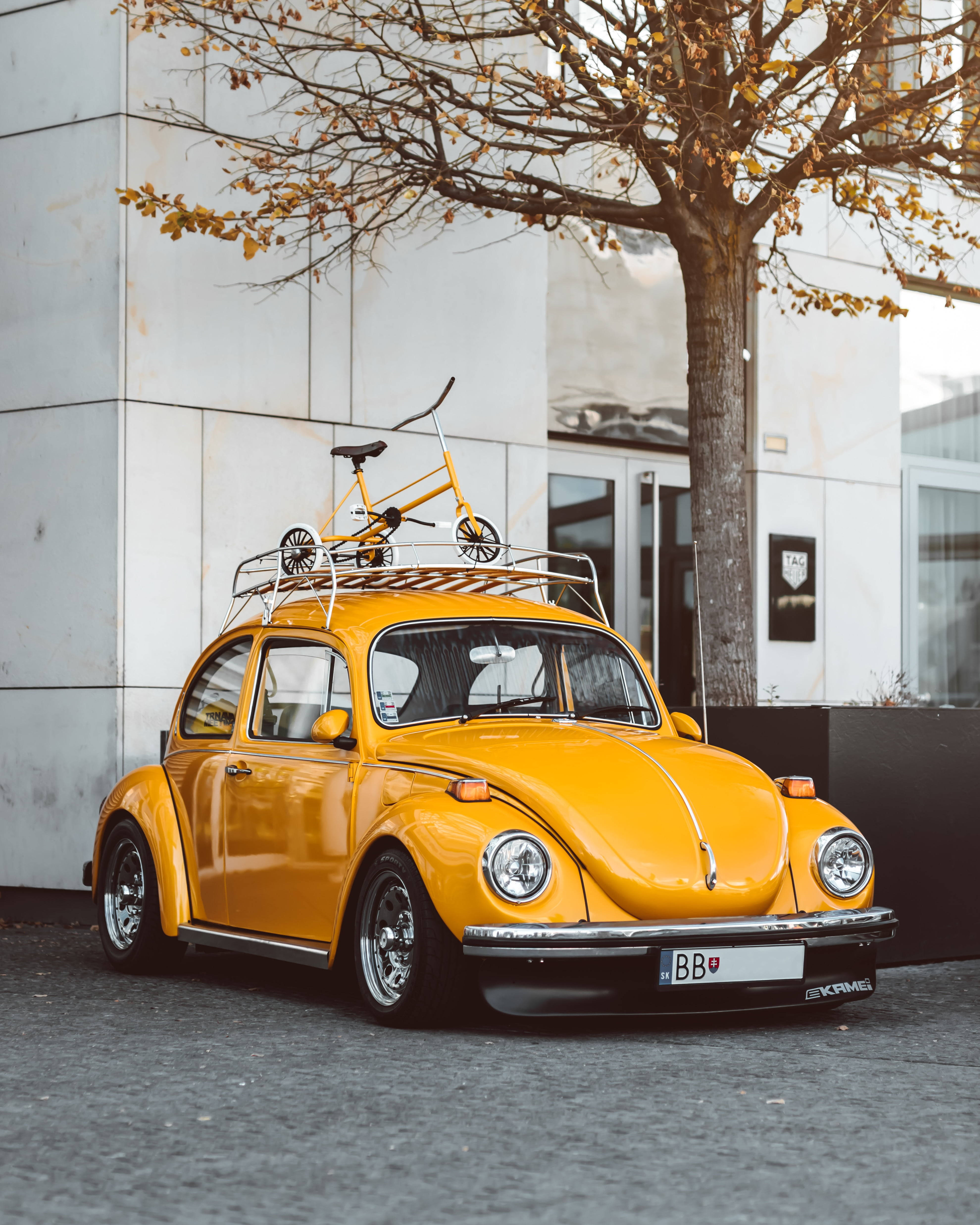 復古美學黃色甲殼蟲汽車 壁紙 — 一輛鮮黃色復古福士甲蟲車，車頂行李架上放著一輛相配的單車，停泊在現代建築旁邊的秋樹下。