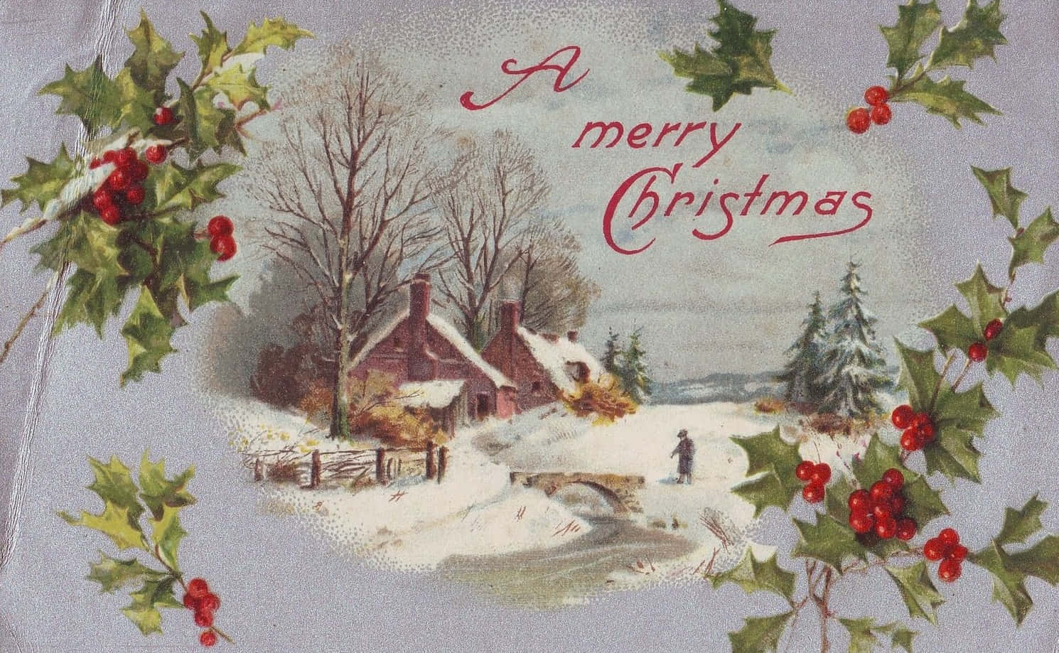Vintage Christmas 桌布 壁紙 — 復古聖誕卡展示被雪覆蓋的小屋，冬青漿果框出冬日場景。