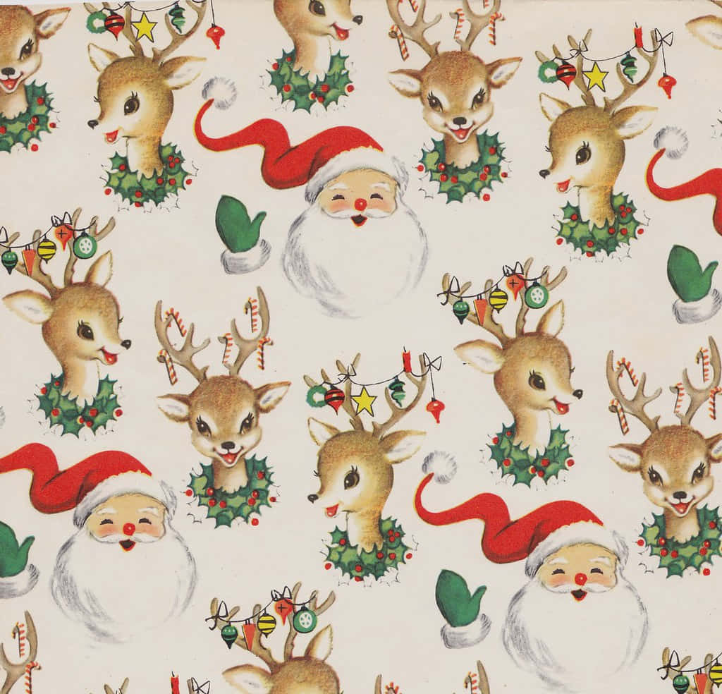 Vintage Christmas 桌布 壁紙 — 復古聖誕壁紙圖案，有微笑的鹿在冬青花環和聖誕老人面孔。