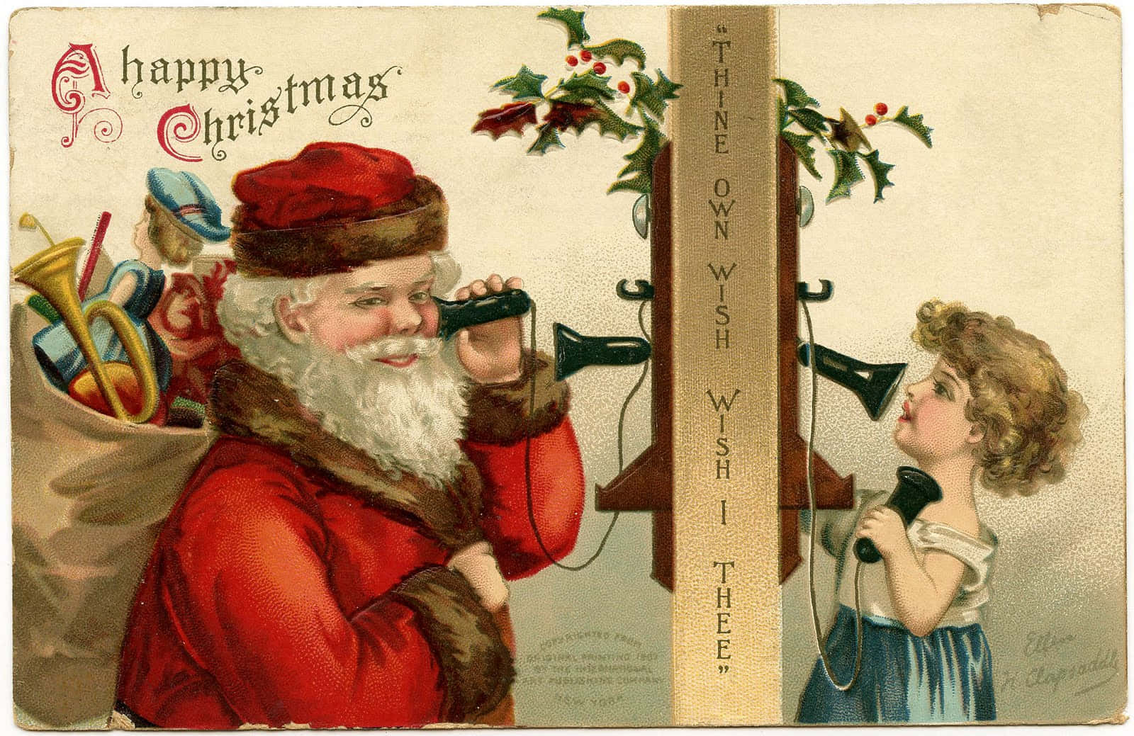 Vintage Christmas 桌布 壁紙 — 復古聖誕明信片，顯示聖誕老人和一個孩子用裝飾著冬青的原始電話交談。