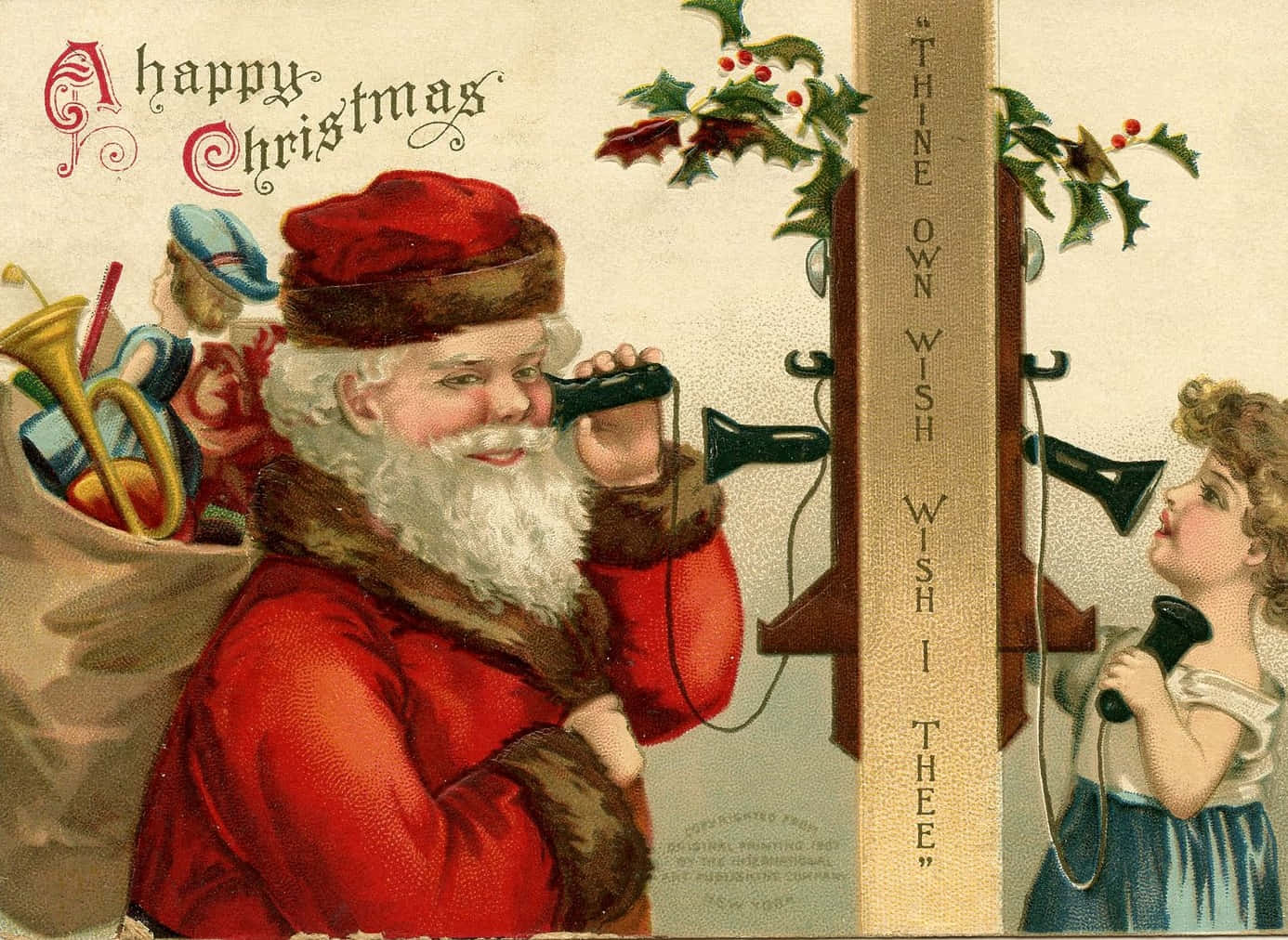 Vintage Christmas 桌布 壁紙 — 復古聖誕明信片顯示聖誕老人和一個孩子使用帶有冬青裝飾和「A happy Christmas」文字的舊式電話。