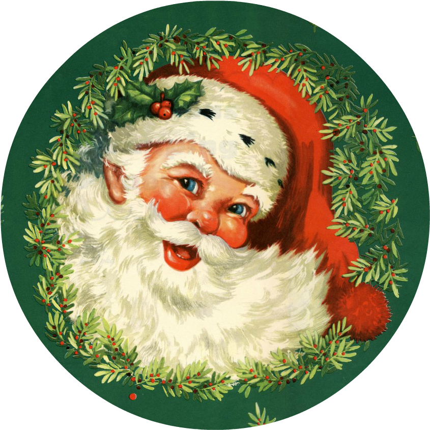 復古聖誕老人肖像 壁紙 — 一個快樂的復古聖誕老人，白色鬍鬚和紅色帽子，被綠色冬青花環框住，背景是深綠色。