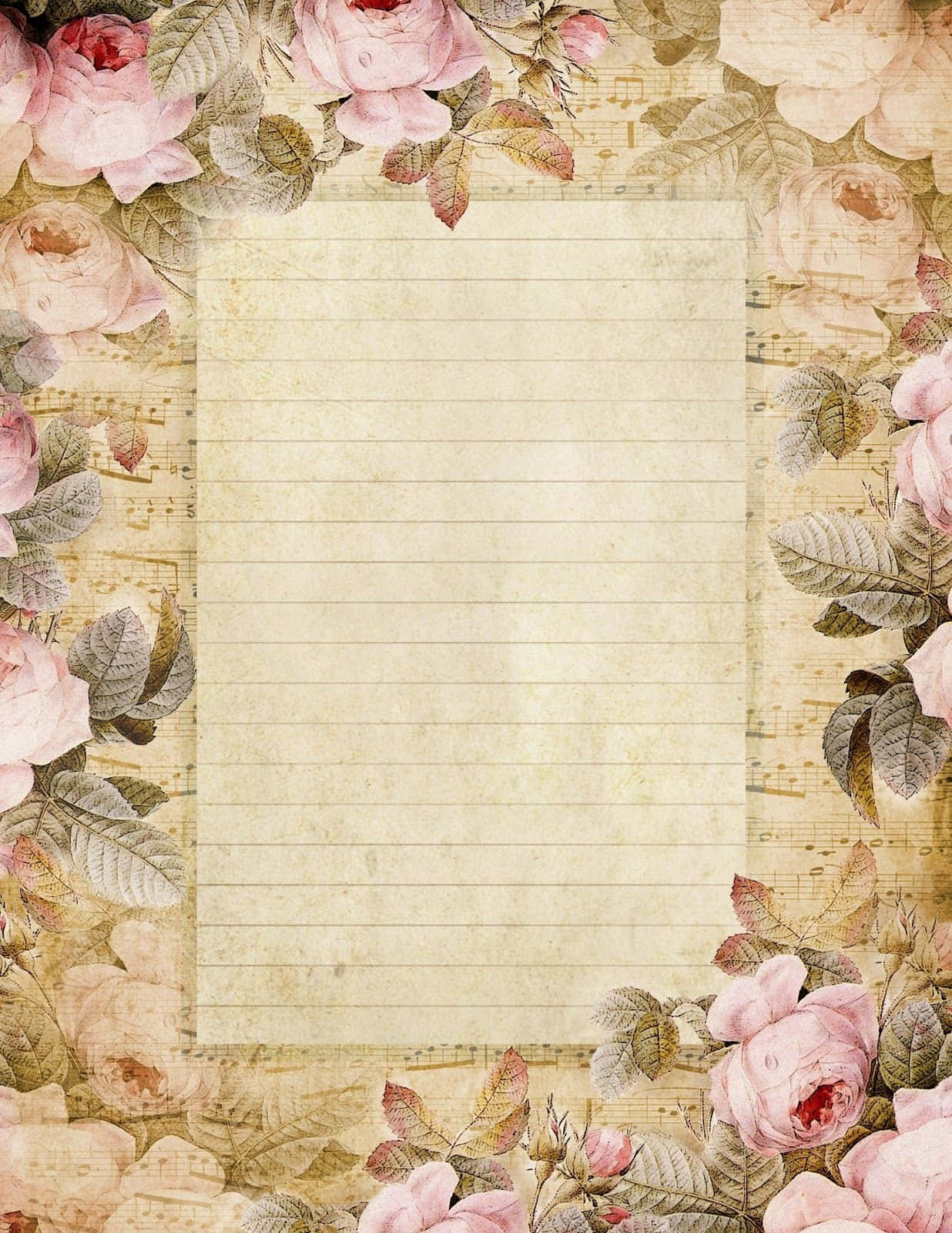 paper 桌布 壁紙 — 復古花卉壁紙，粉紅玫瑰和綠葉框住有線條的羊皮紙，背景為舊樂譜。