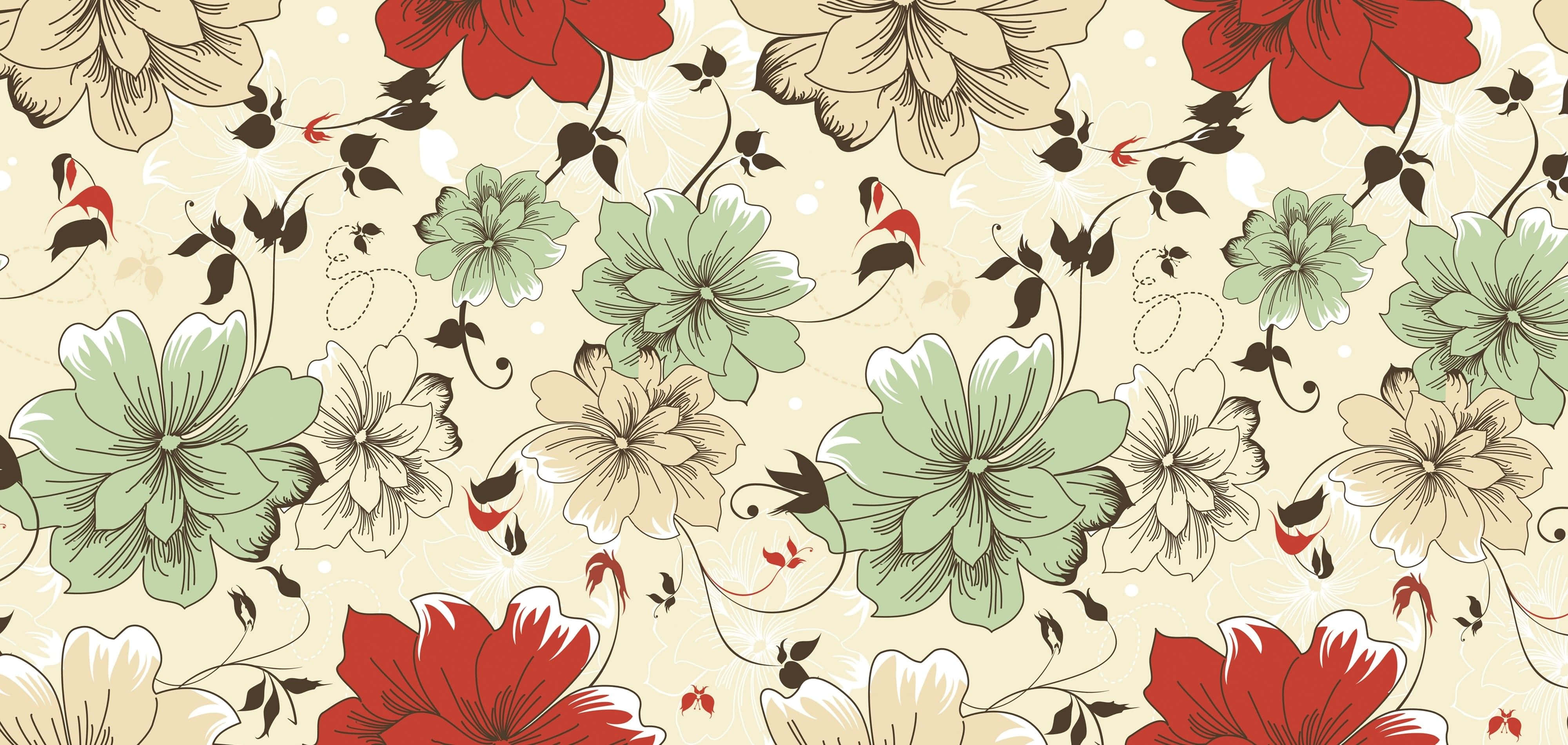 Rose Pattern 桌布 壁紙 — 復古花卉牆紙圖案，米色背景上帶有紅色、綠色和奶油色花朵。