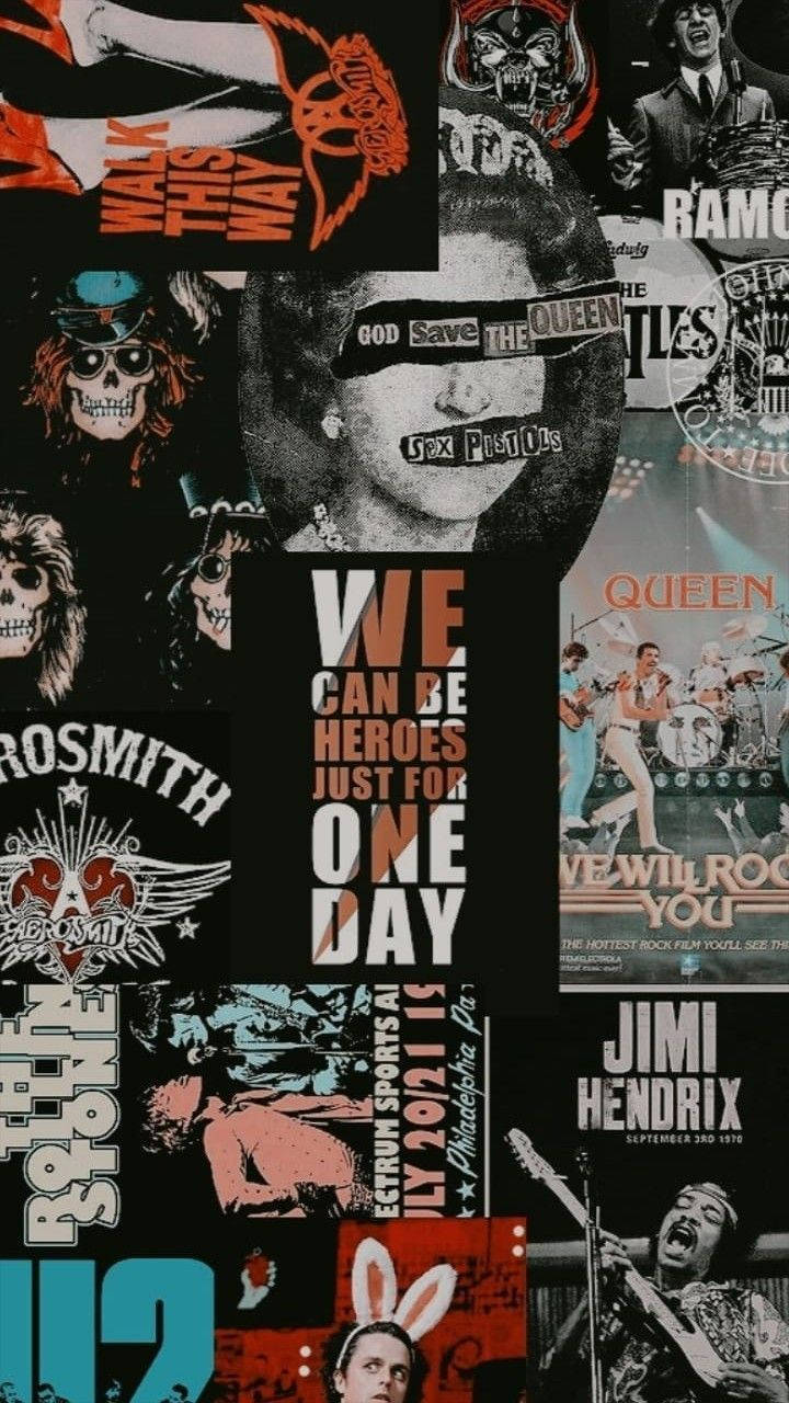 搖滾音樂海報拼貼，包含樂隊名稱和演唱會日期。