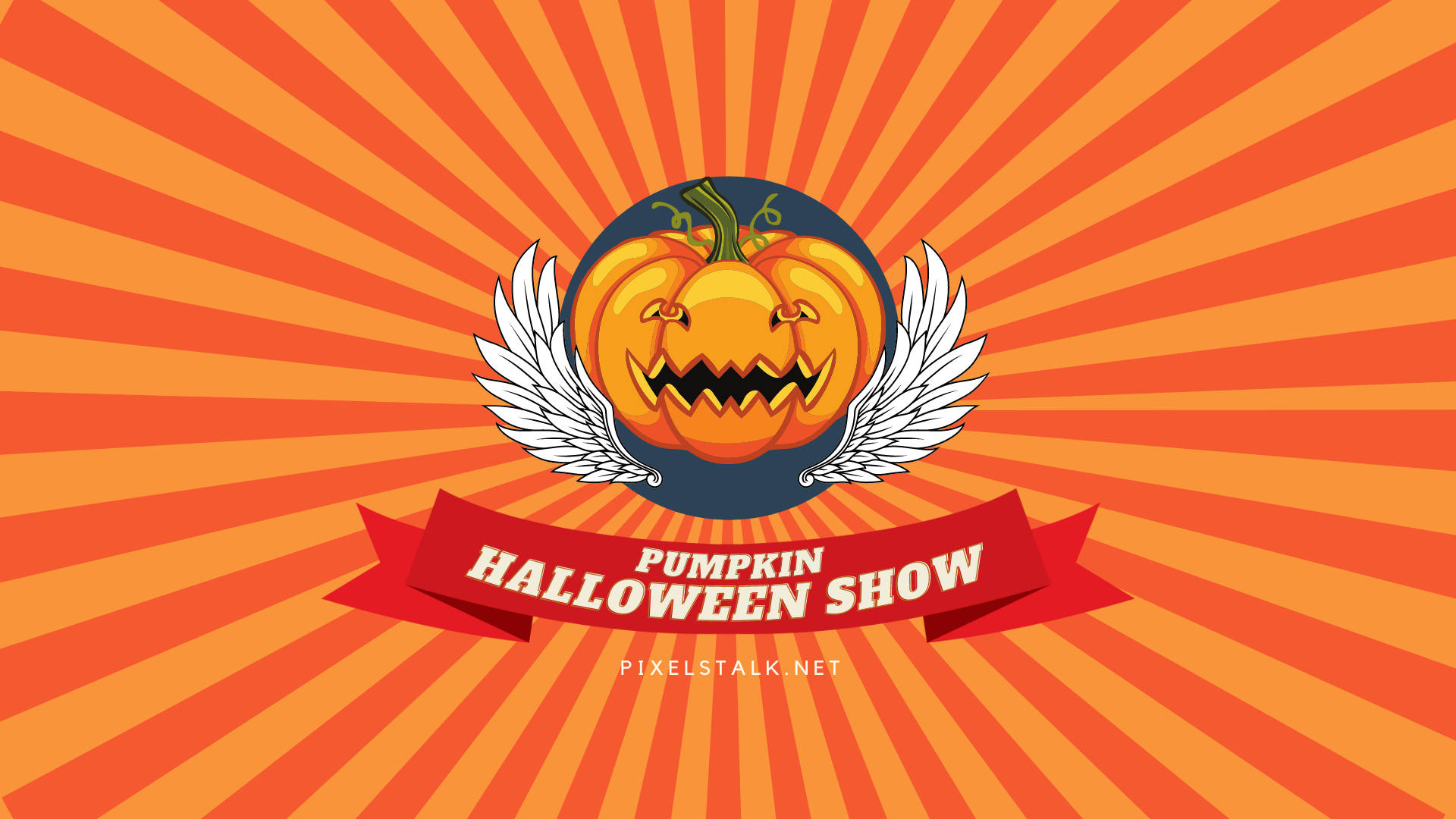 一個有翅膀的南瓜燈，帶有紅色橫幅寫著 Halloween Show，背景為橙色太陽爆發。