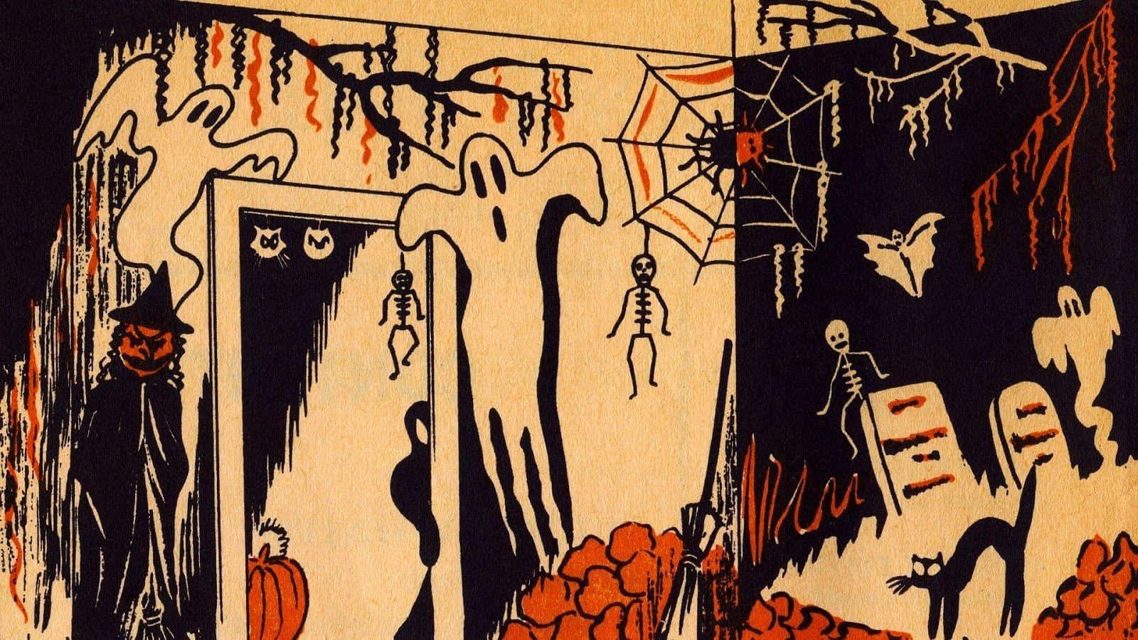 Spooky Art 桌布 壁紙 — 復古萬聖節插圖，以大膽的黑色、橙色和奶油色調描繪鬼魂、骷髏、蝙蝠和南瓜。