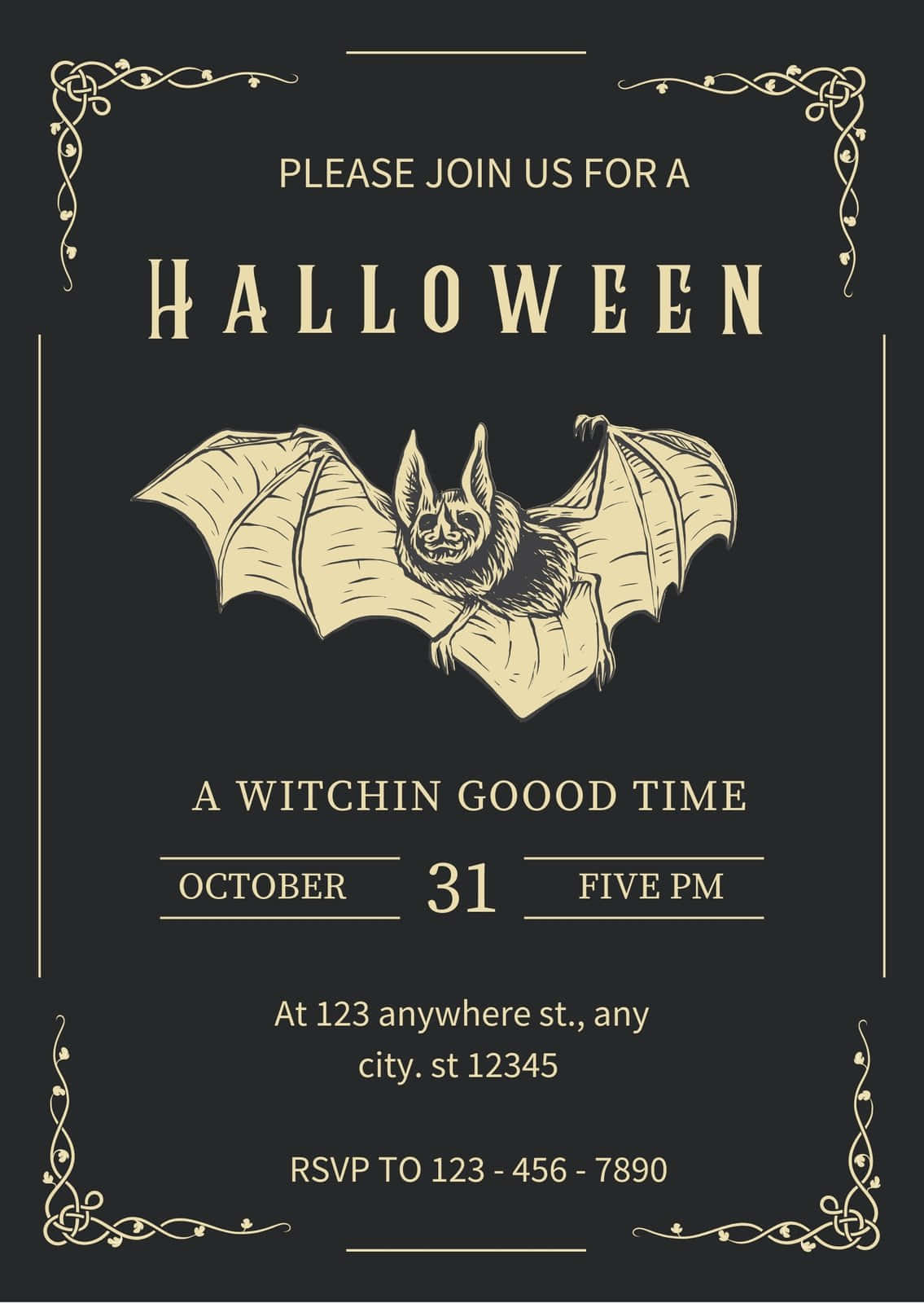Halloween Invitations 桌布 壁紙 — 復古萬聖節邀請函，帶有詳細的蝙蝠插圖和深色背景上的華麗金色邊框。